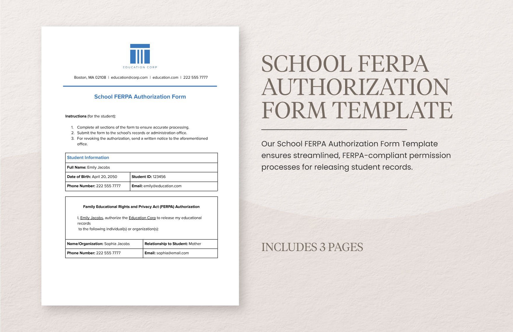 School FERPA Authorization Form Template in Word, Google Docs, PDF