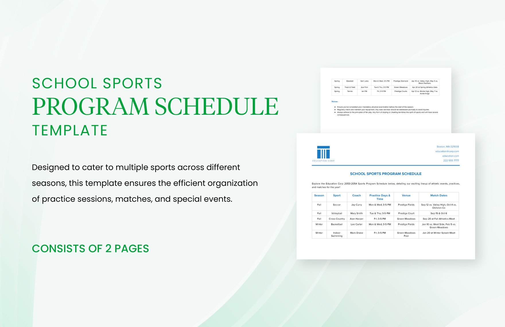 School Sports Program Schedule Template