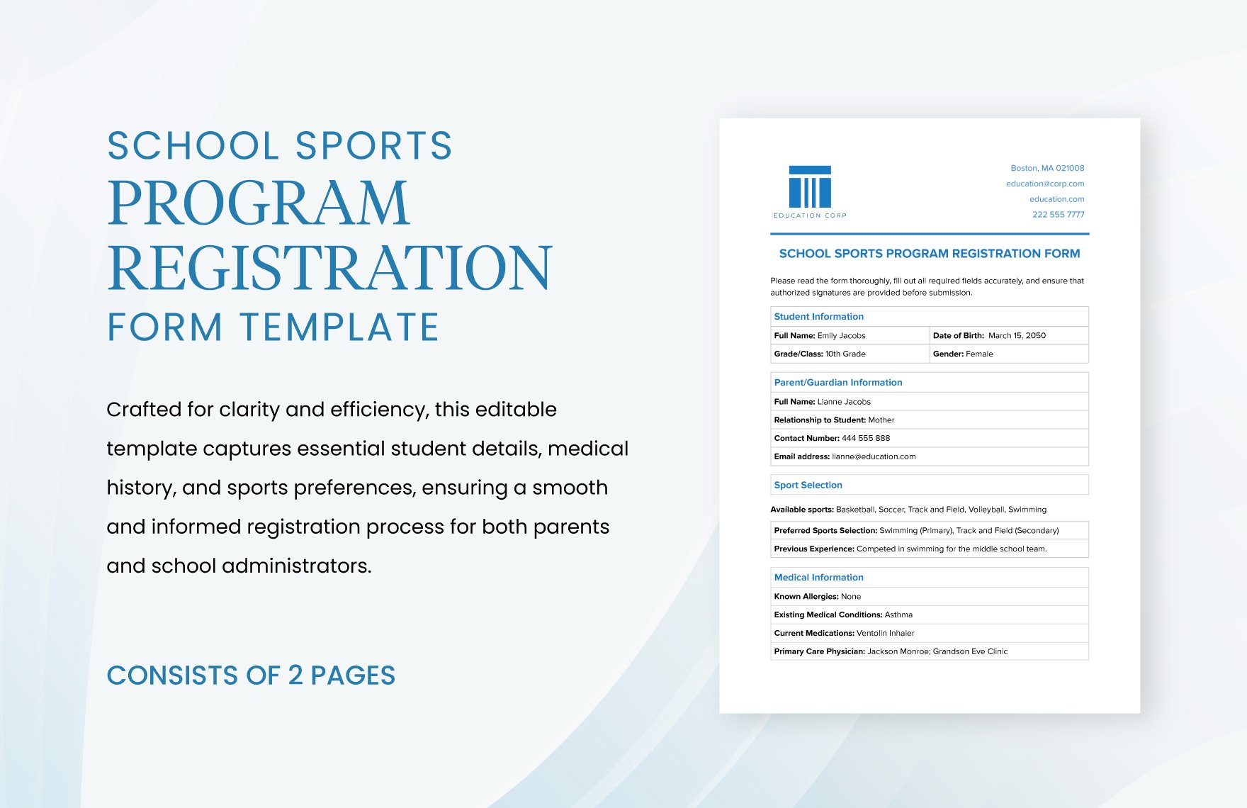 School Sports Program Registration Form Template