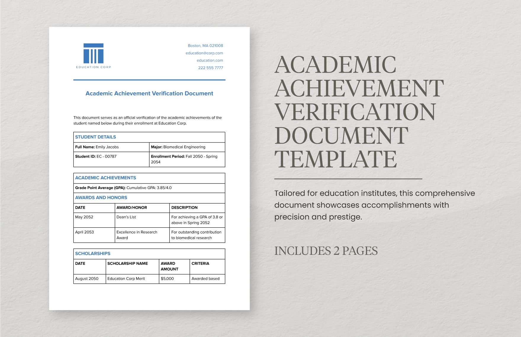 Academic Achievement Verification Document Template