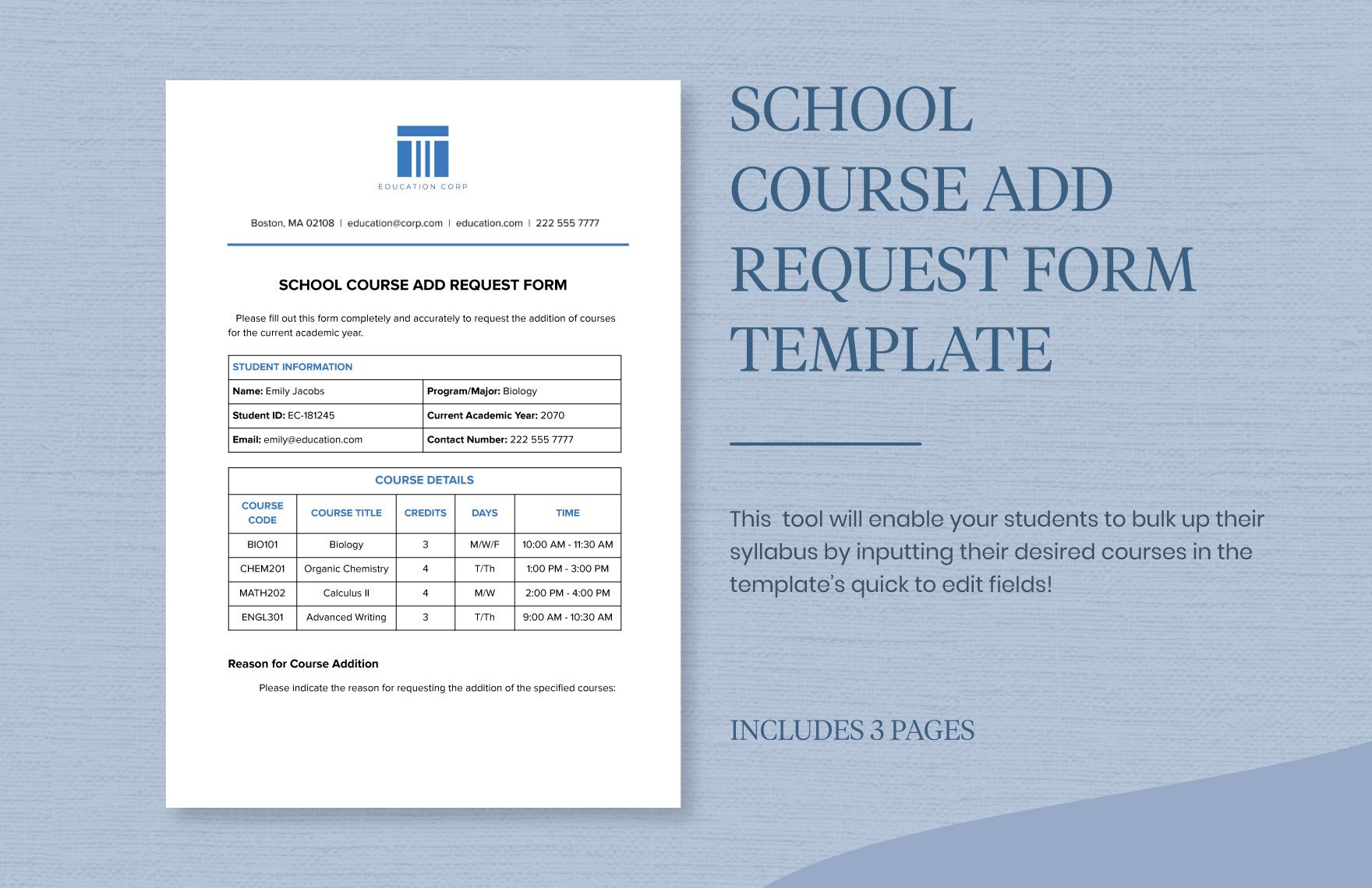 School Course Add Request Form Template