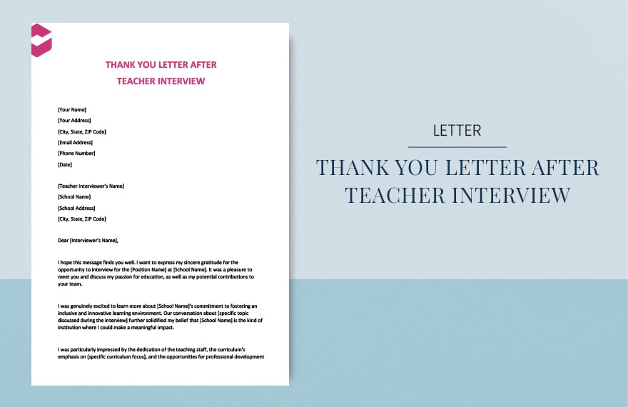 Thank you letter after teacher interview in Word, Google Docs, Apple Pages
