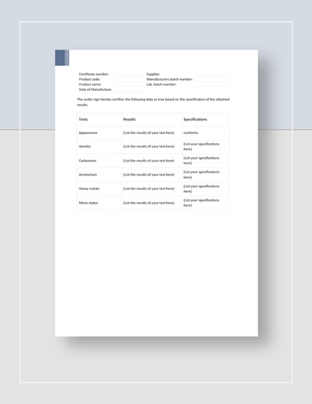 Certificate Of Analysis Template