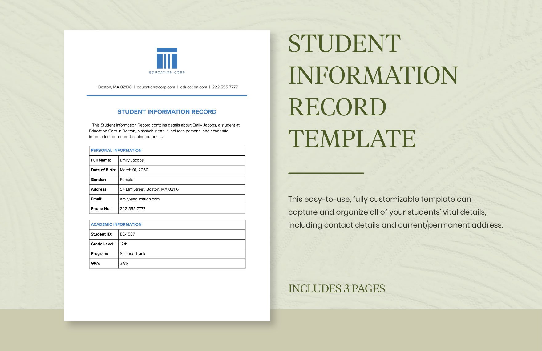 Student Information Record Template in Word, Google Docs, PDF
