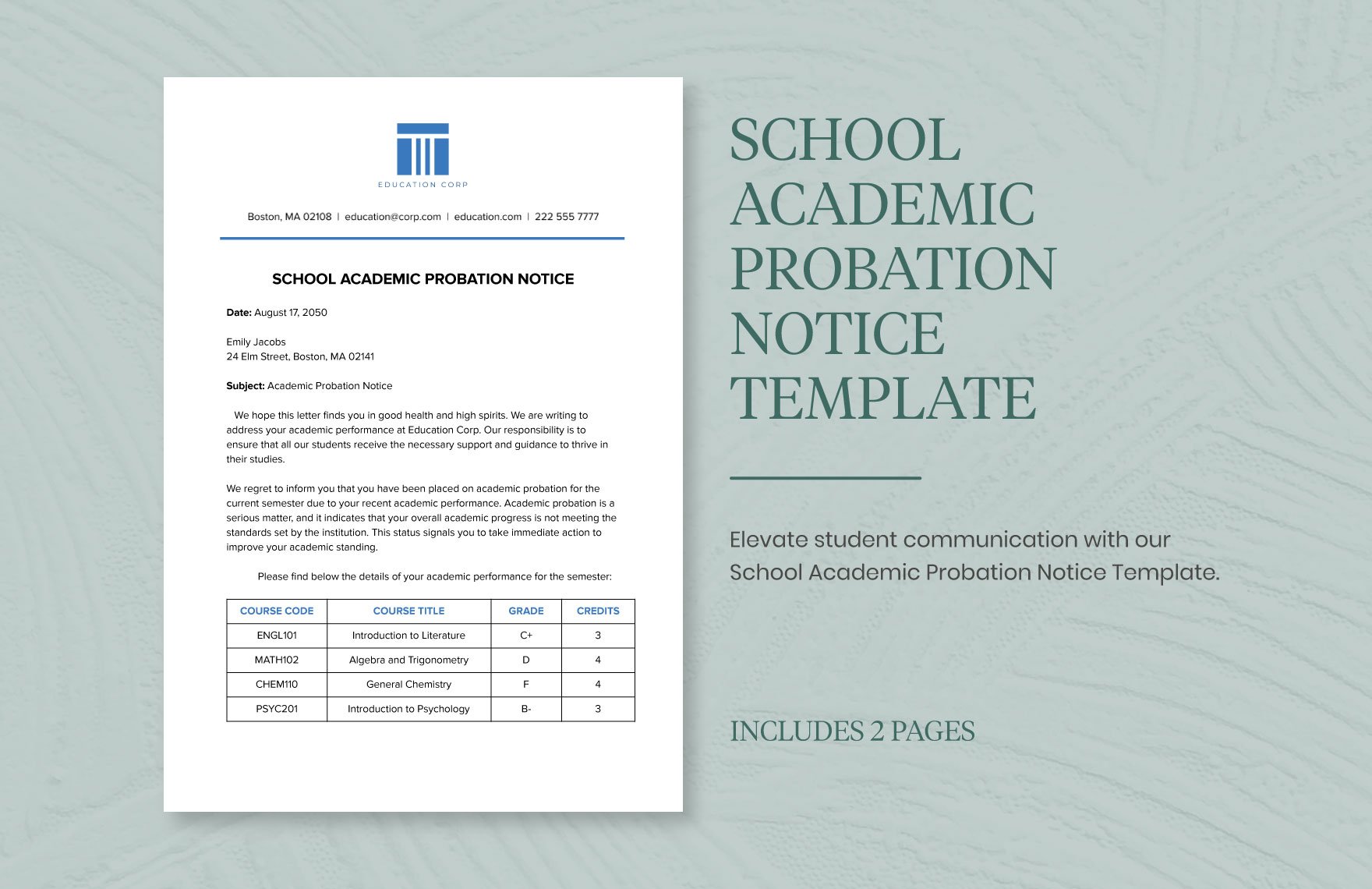 School  Academic Probation Notice Template