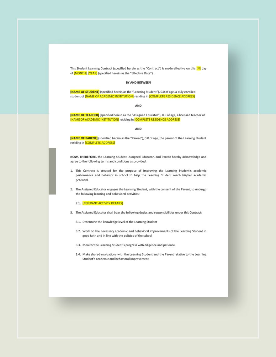 Student Learning Contract Template