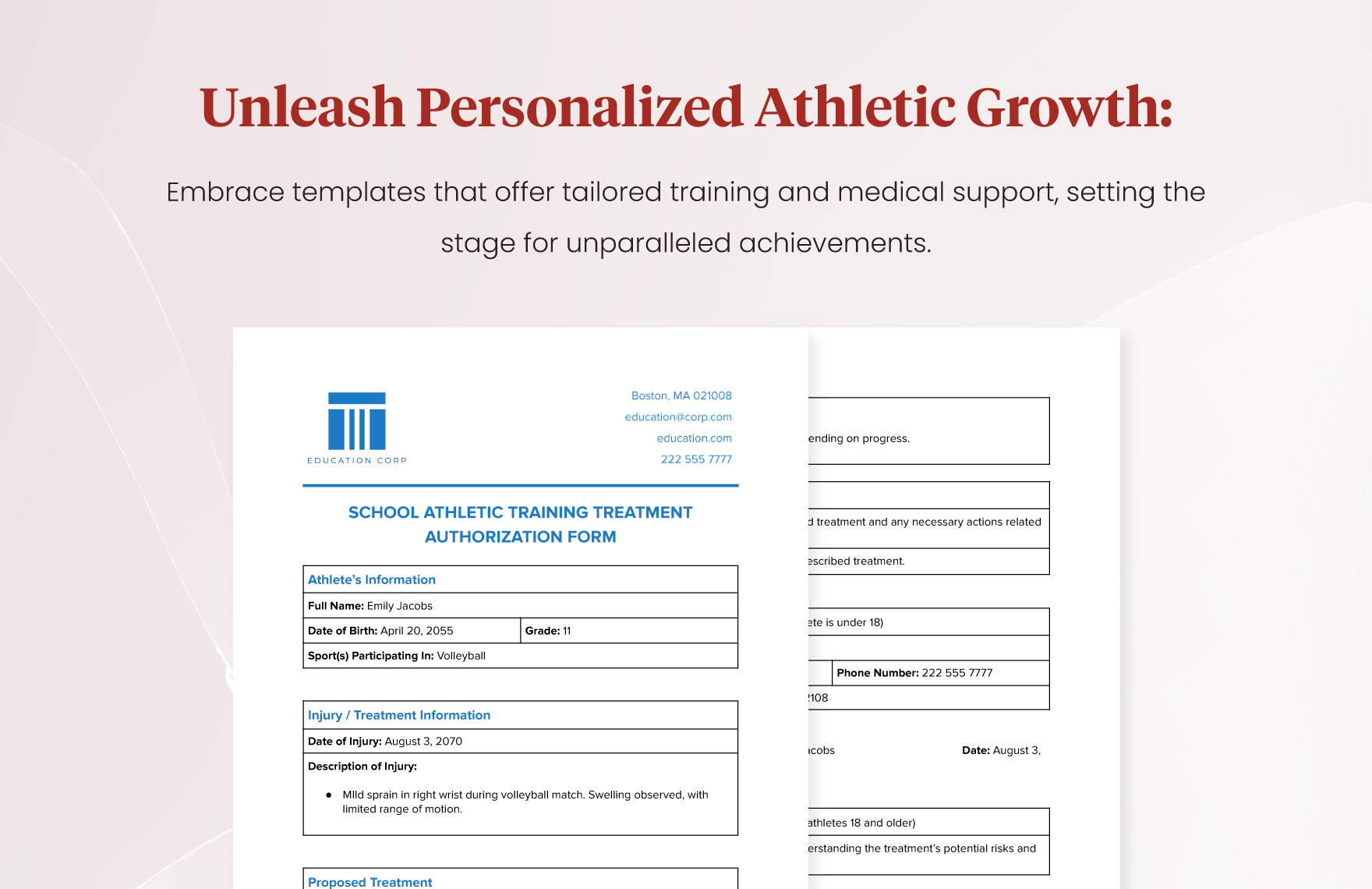 School Athletic Training Treatment Authorization Form Template