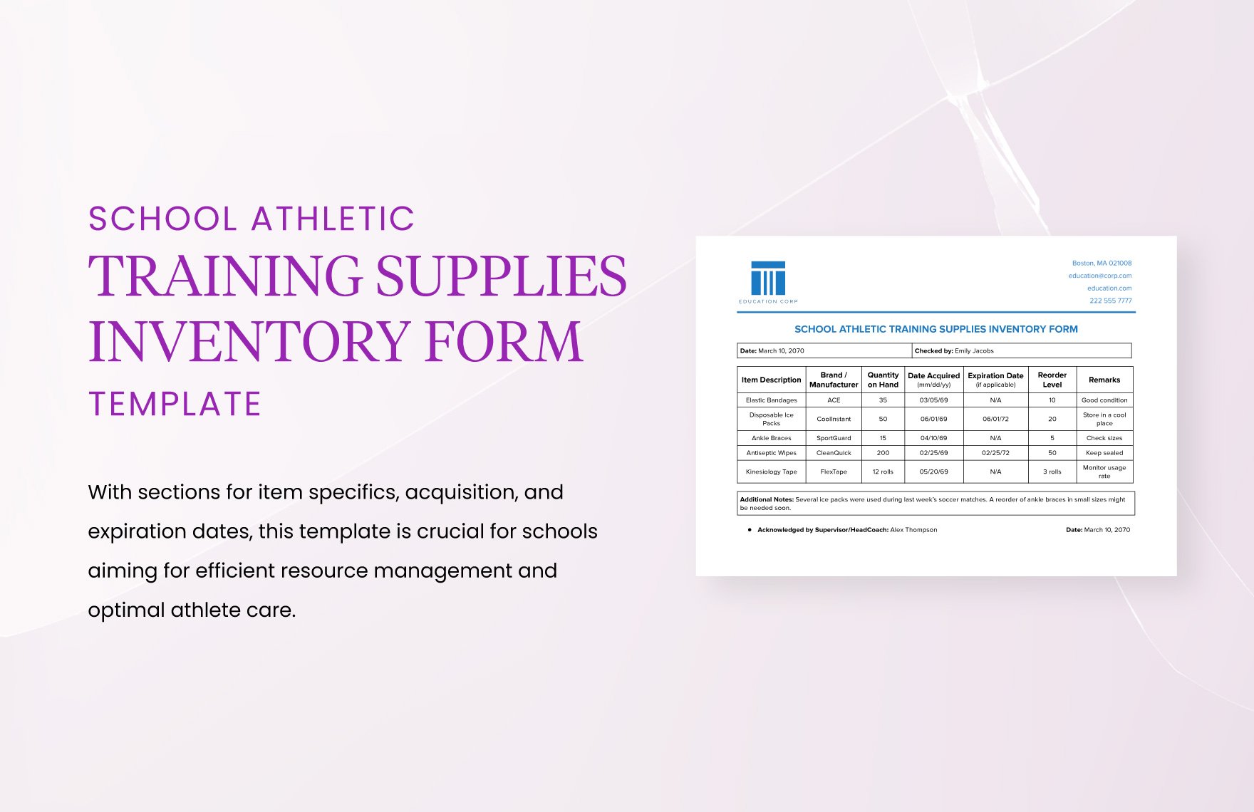 School Athletic Training Supplies Inventory Form Template