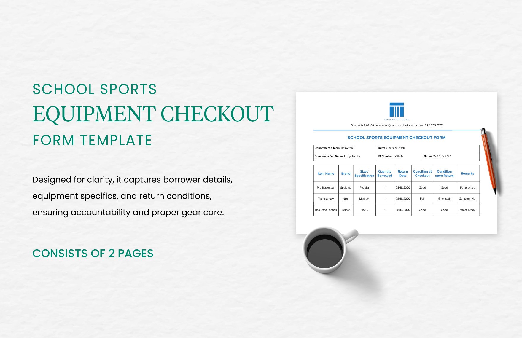 School Sports Equipment Checkout Form Template
