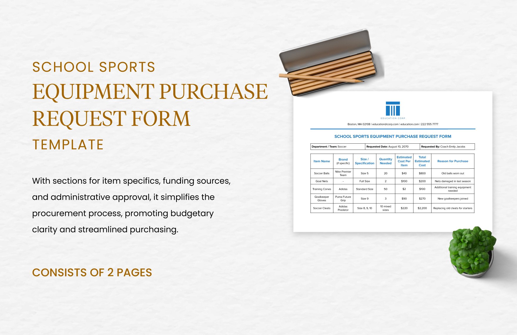 School Sports Equipment Purchase Request Form Template