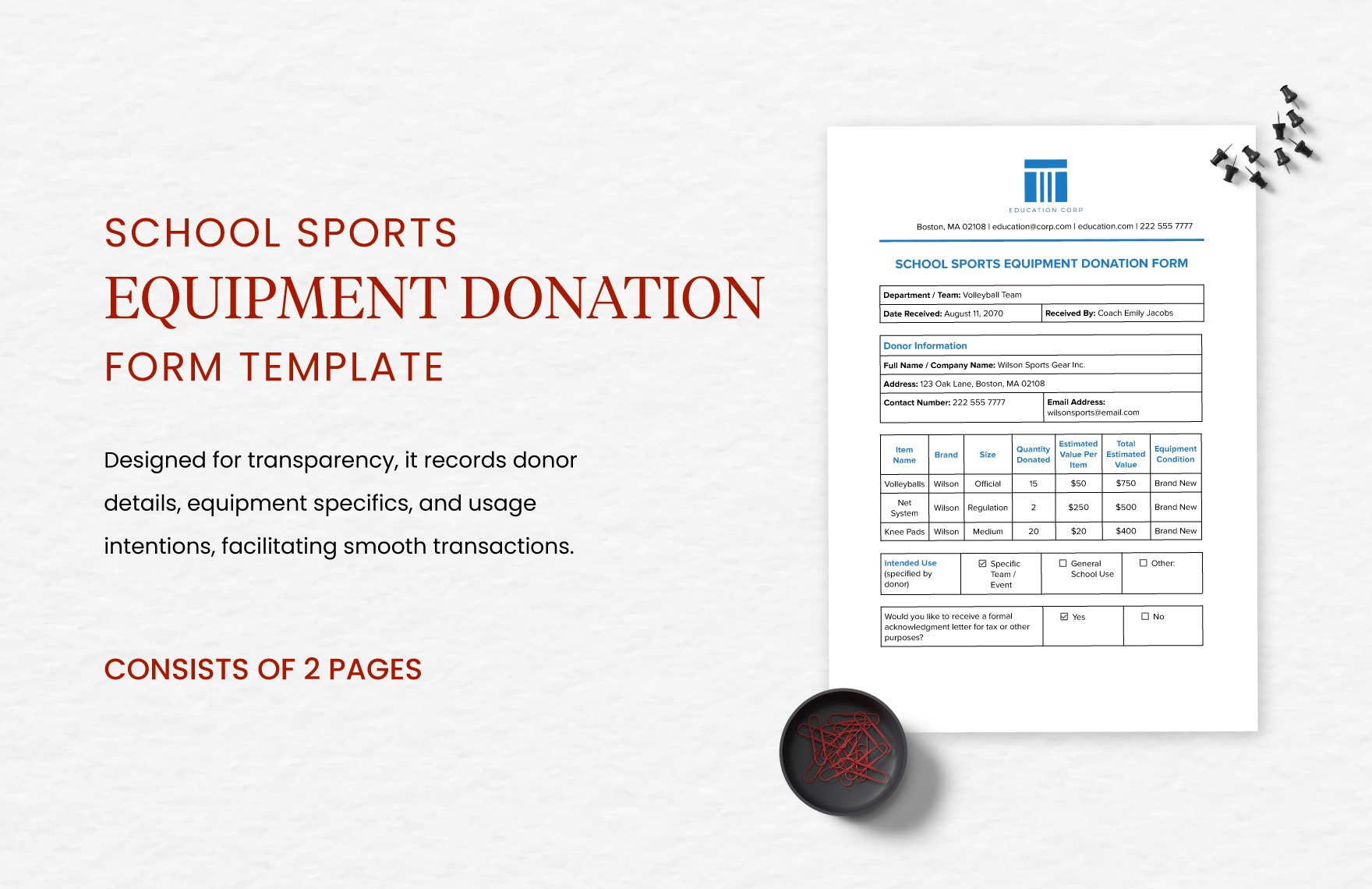 School Sports Equipment Donation Form Template in Word, Google Docs, PDF