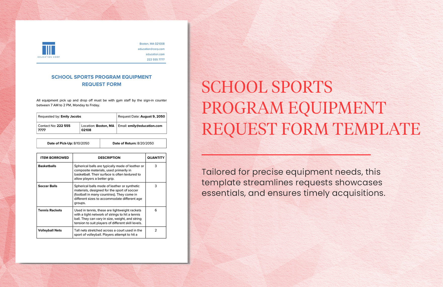School Sports Program Equipment Request Form Template