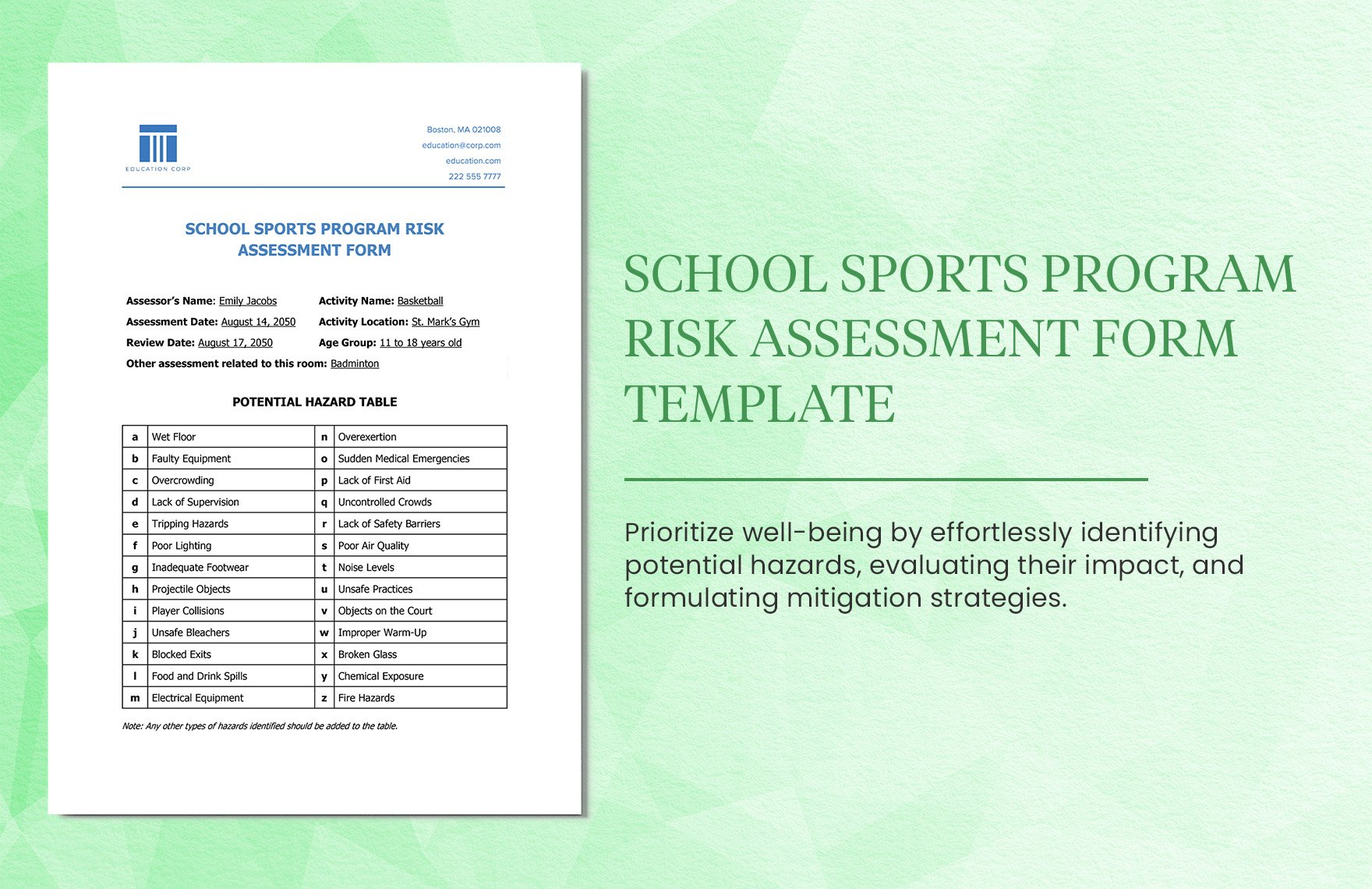 School Sports Program Risk Assessment Form Template