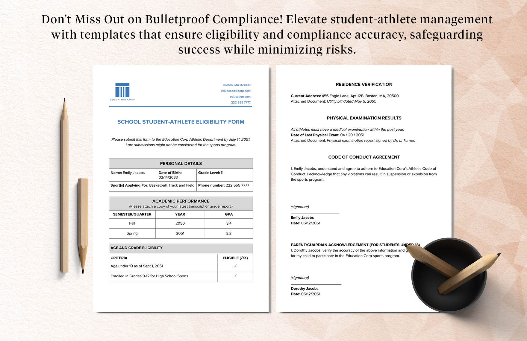 School Student-Athlete Eligibility Form Template