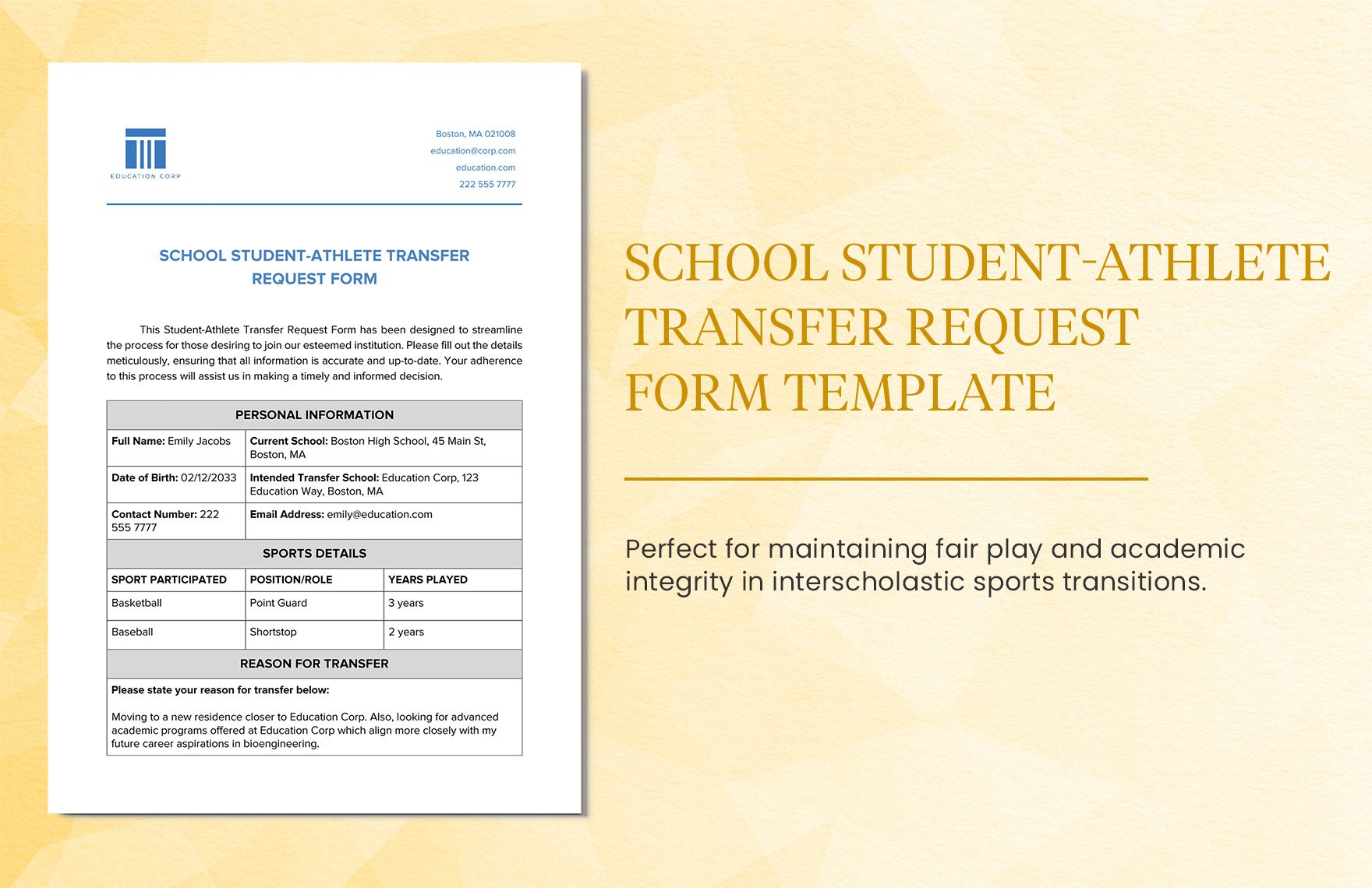 School Student-Athlete Transfer Request Form Template in Word, Google Docs, PDF