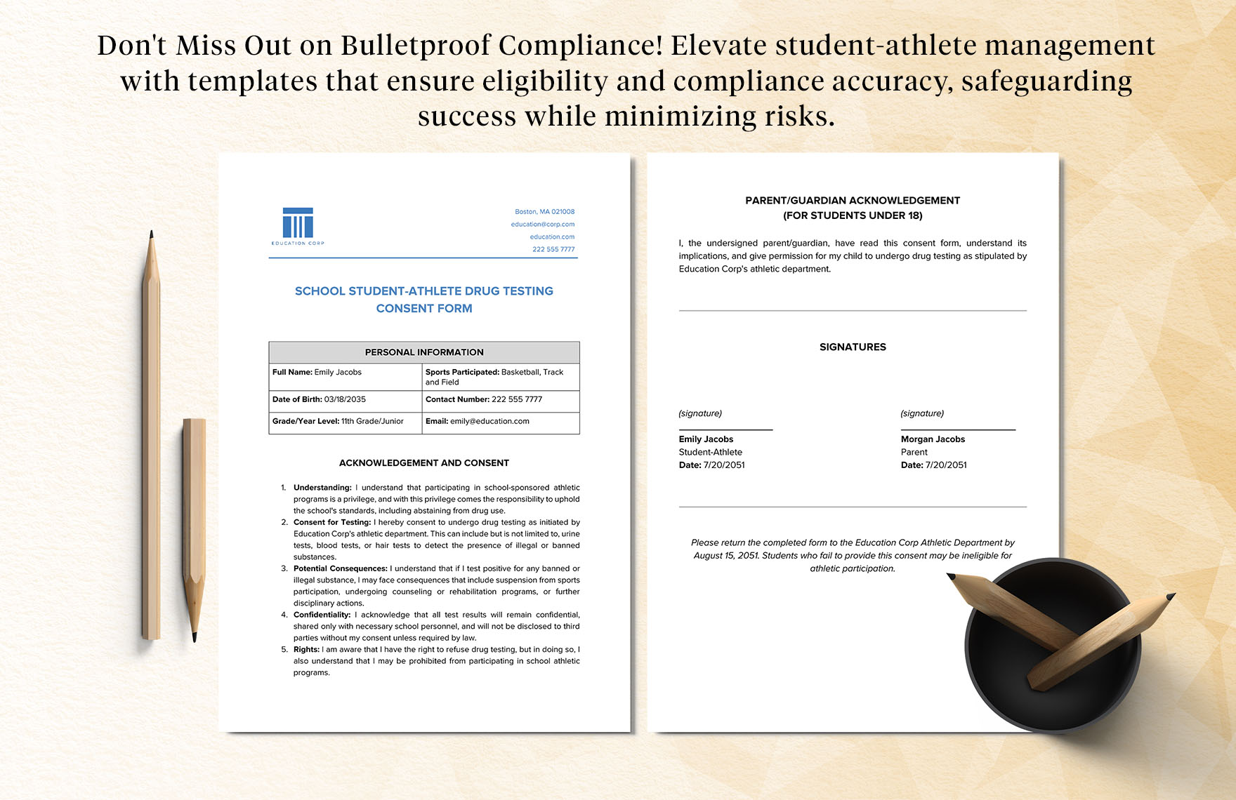 School Student-Athlete Drug Testing Consent Form Template