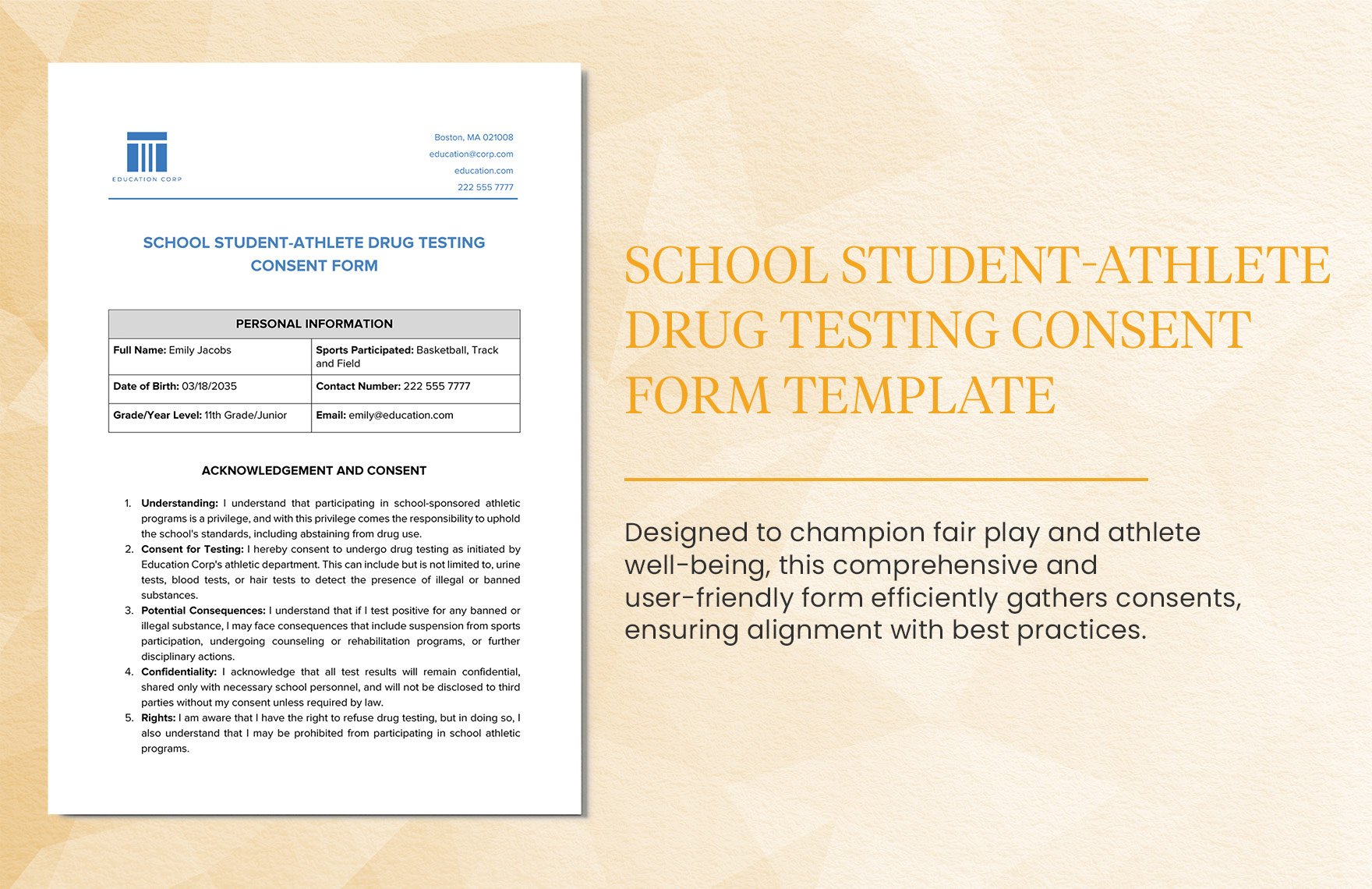 School Student-Athlete Drug Testing Consent Form Template in Word, Google Docs, PDF
