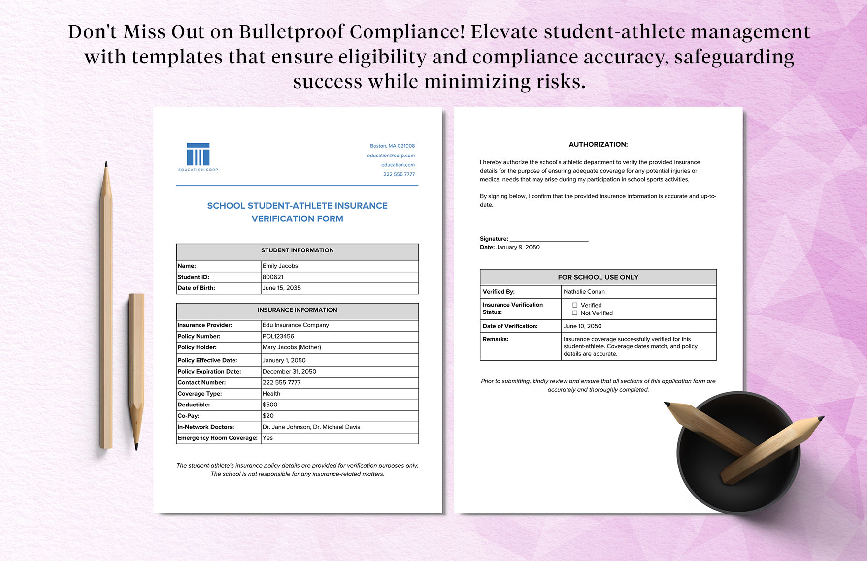 School Student-Athlete Insurance Verification Form Template