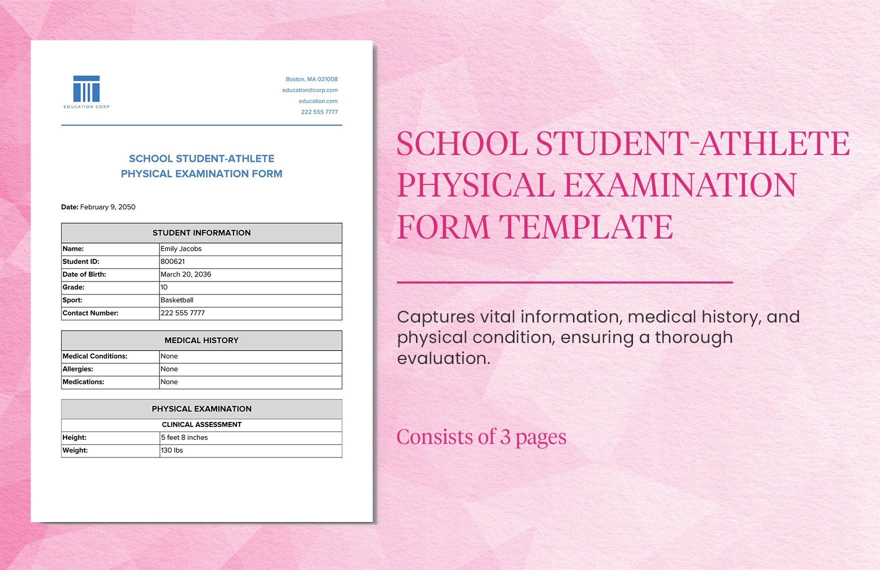 School Student-Athlete Physical Examination Form Template