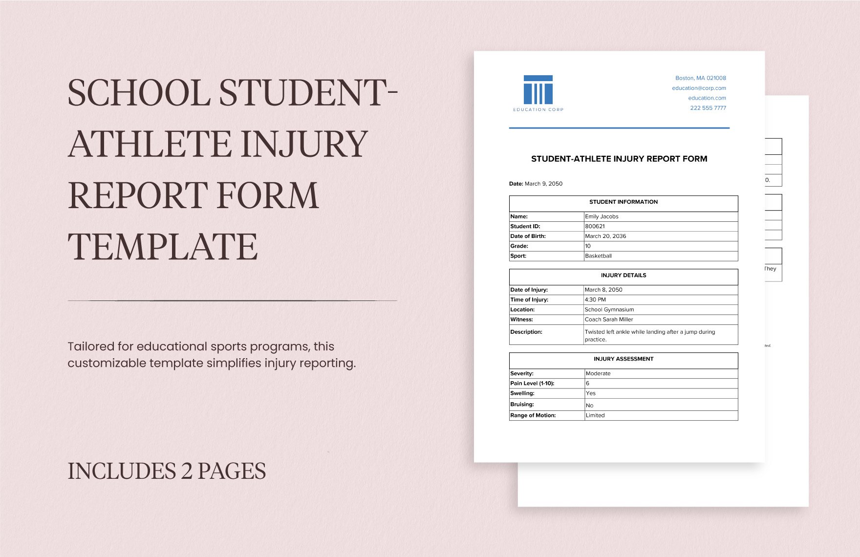 School Student-Athlete Injury Report Form Template