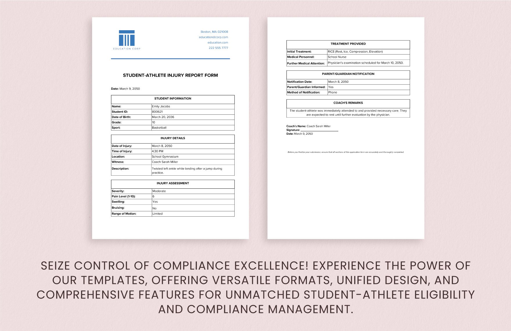 School Student-Athlete Injury Report Form Template