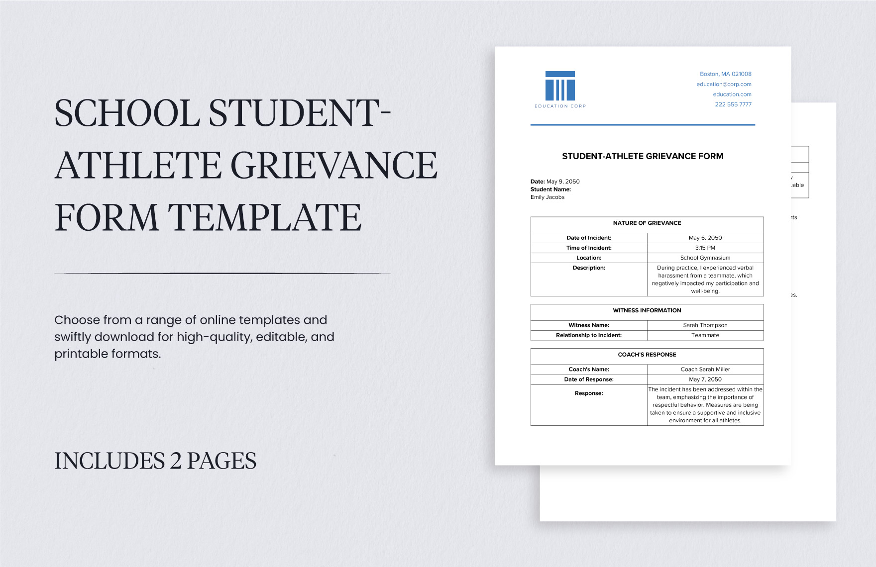 School Student-Athlete Grievance Form Template