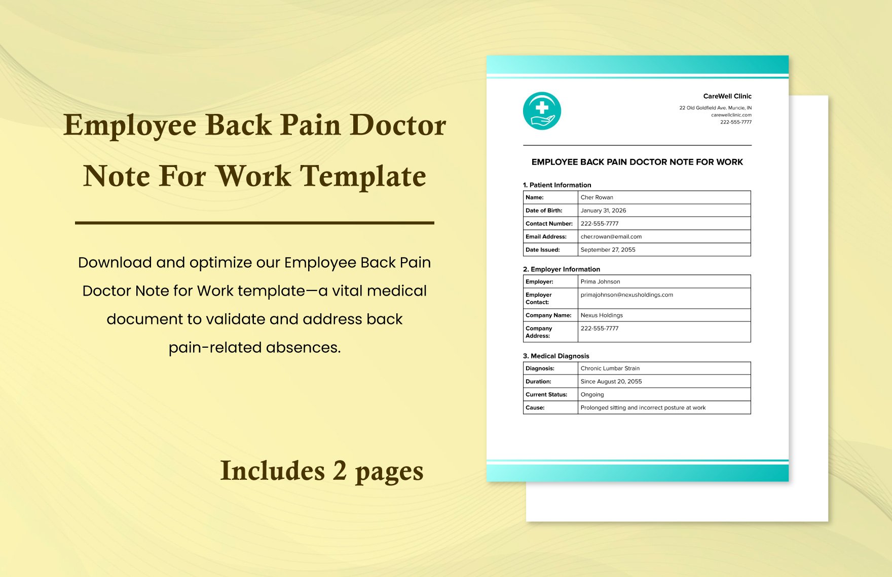 Employee Back Pain Doctor Note for Work Template