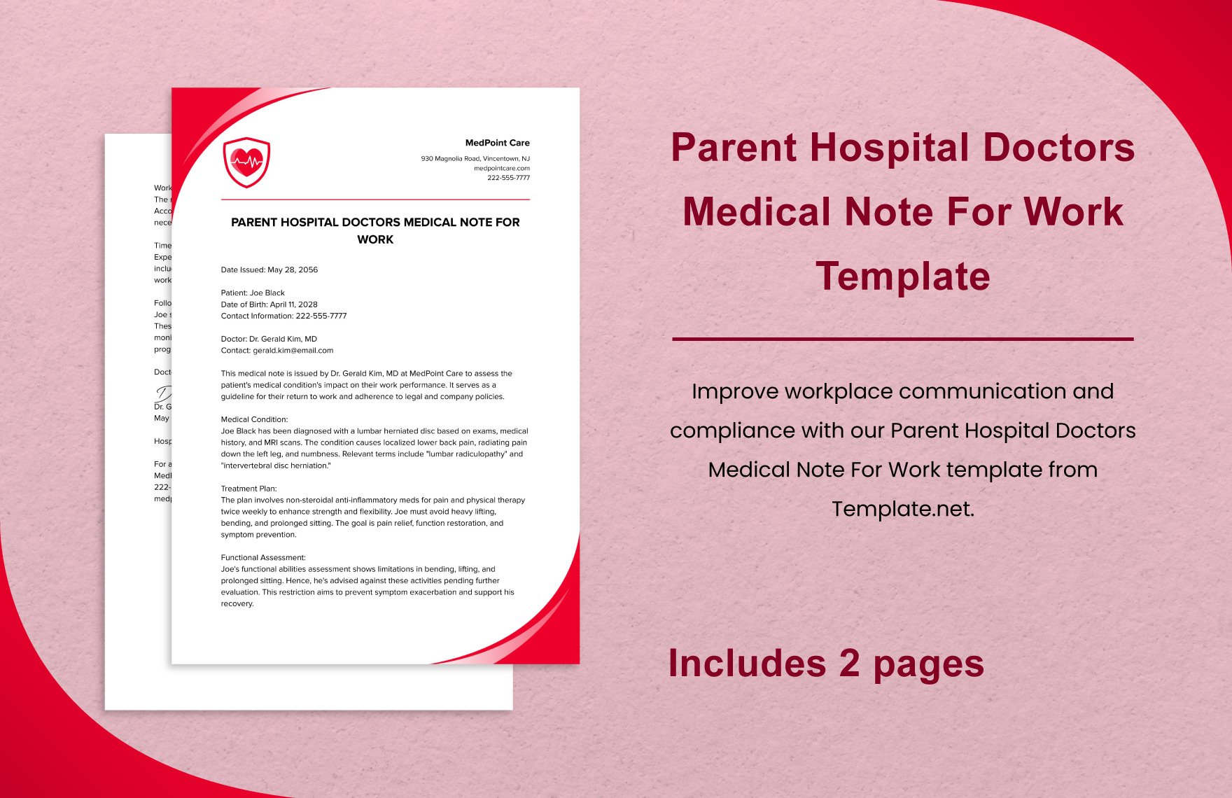 Parent Hospital Doctors Medical Note For Work Template