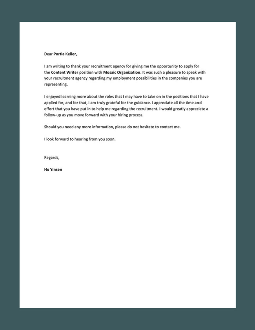 Thank You Letter to Recruiter Agency Template