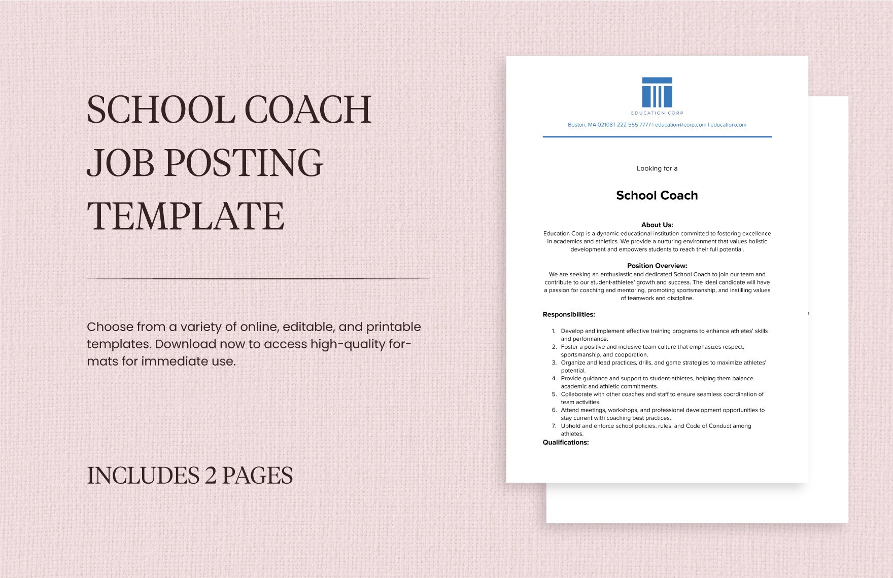 School Coach Job Posting Template in Word, Google Docs, PDF