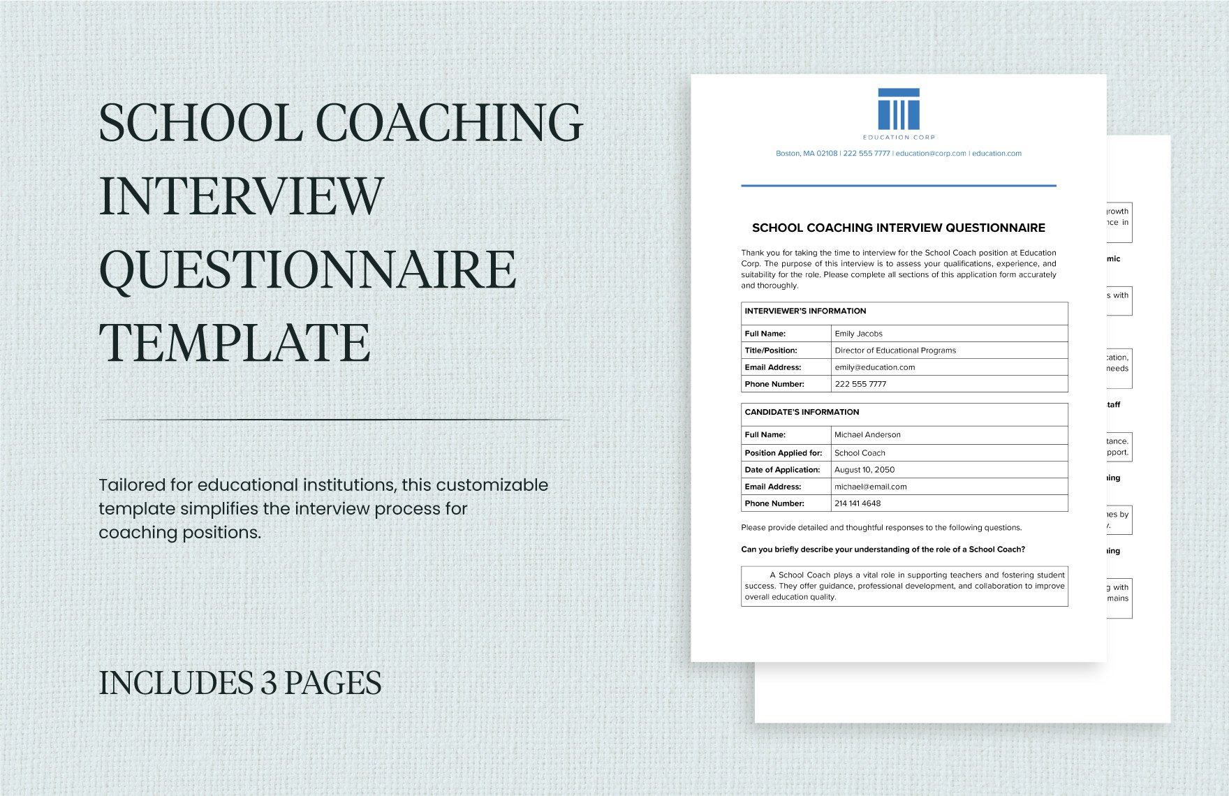School Coaching Interview Questionnaire Template