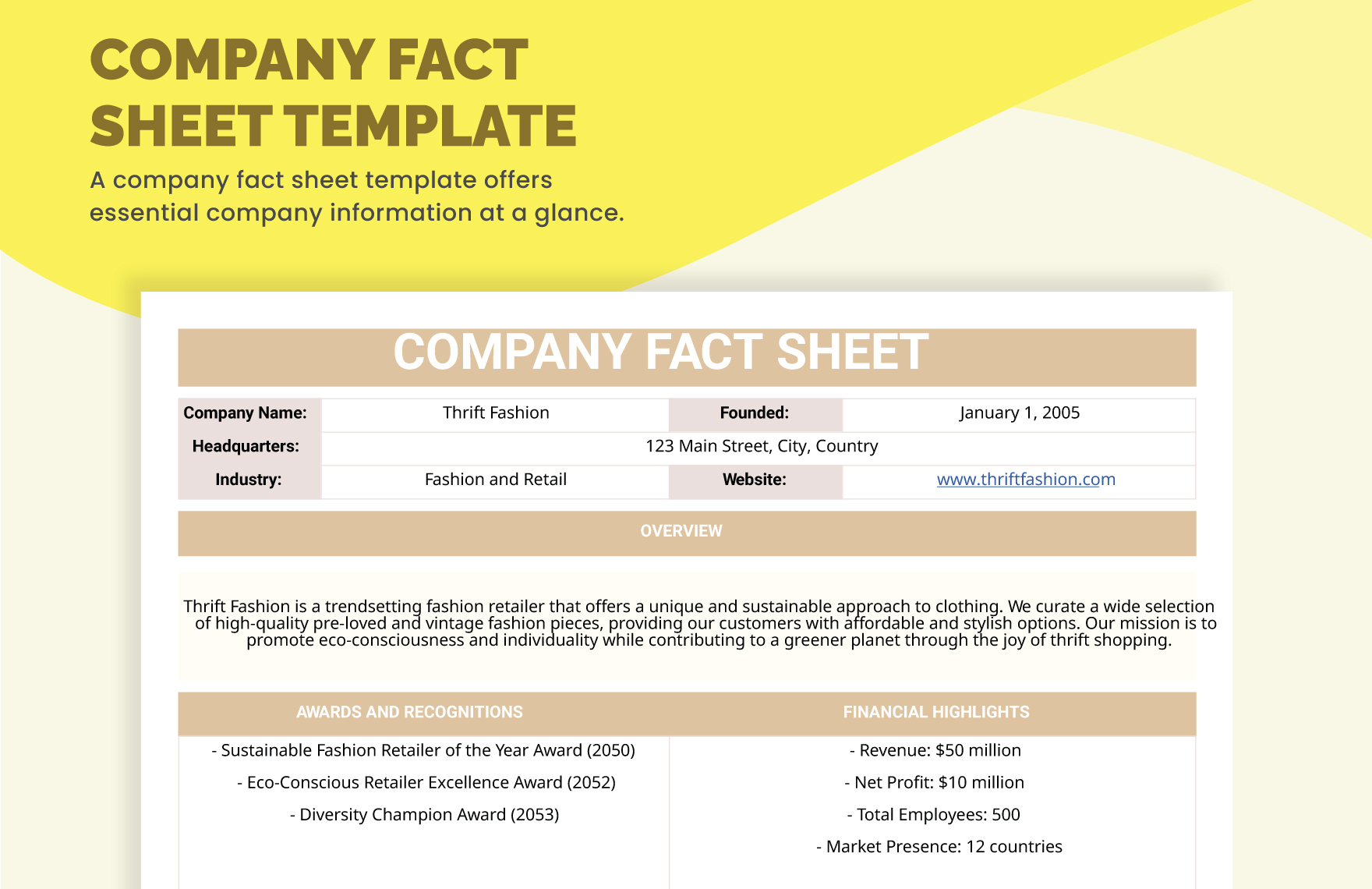 Free Company Fact Sheet Template in Excel, Google Sheets