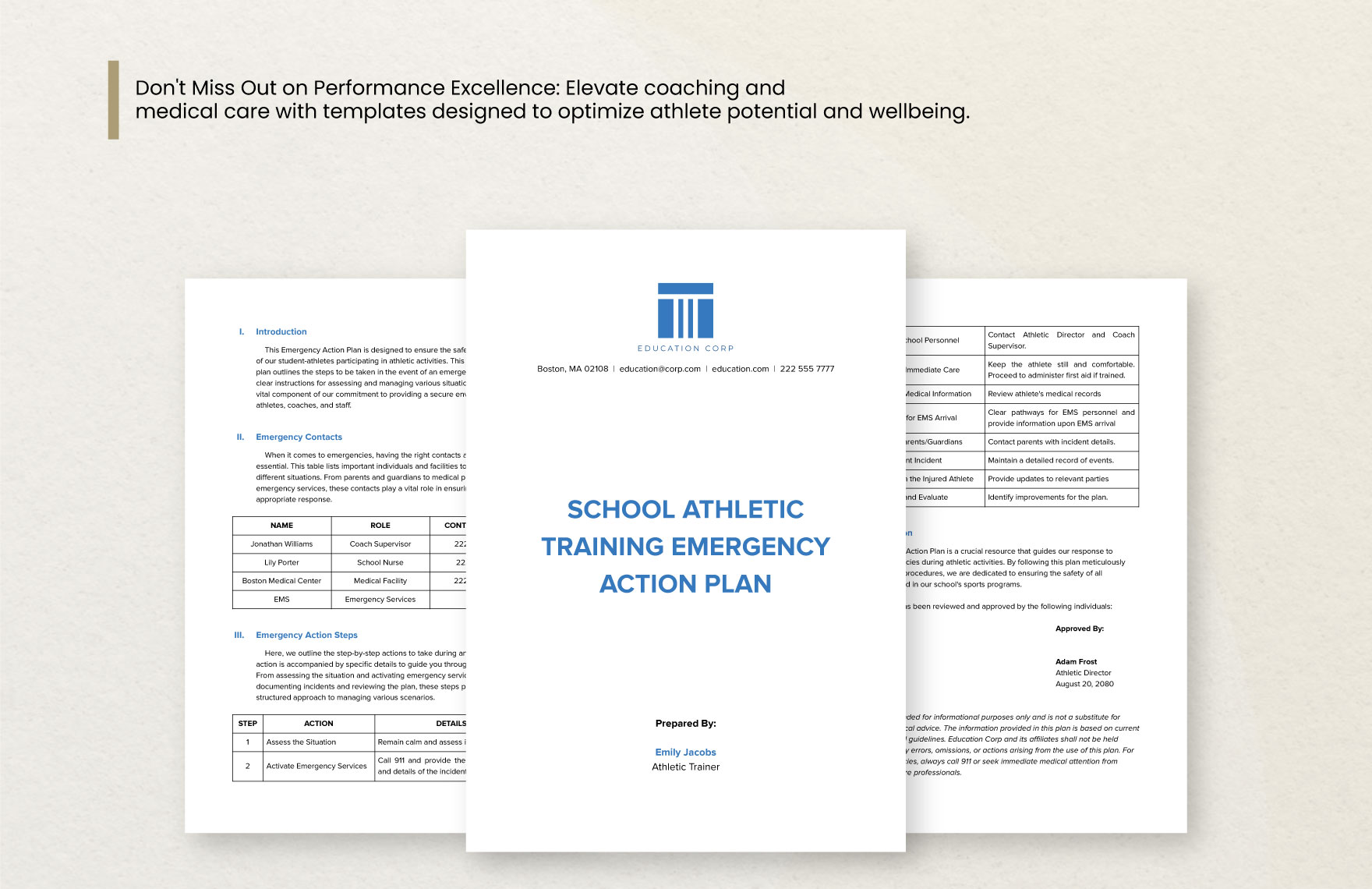 School Athletic Training Emergency Action Plan Template