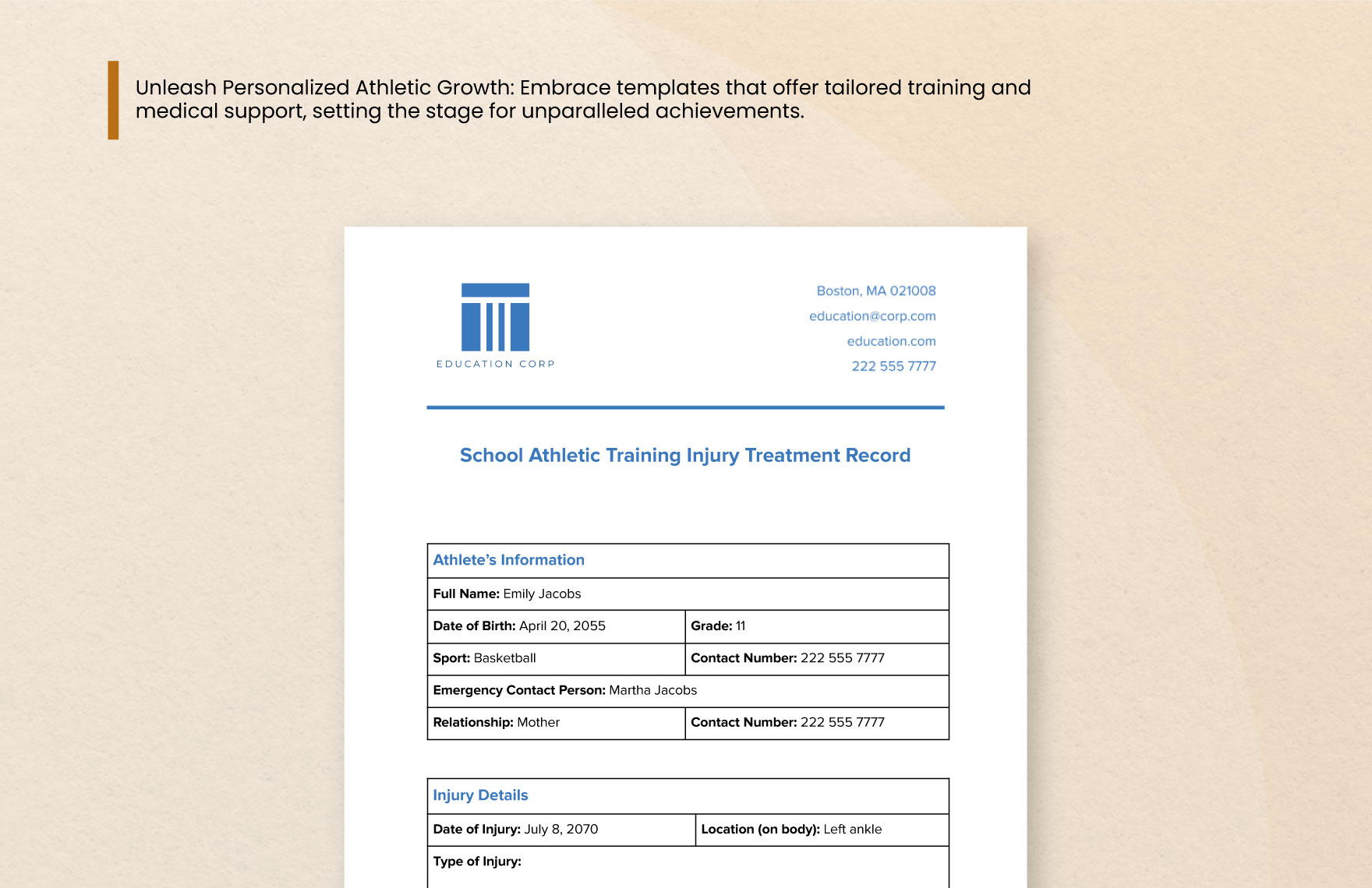 School Athletic Training Injury Treatment Record Template