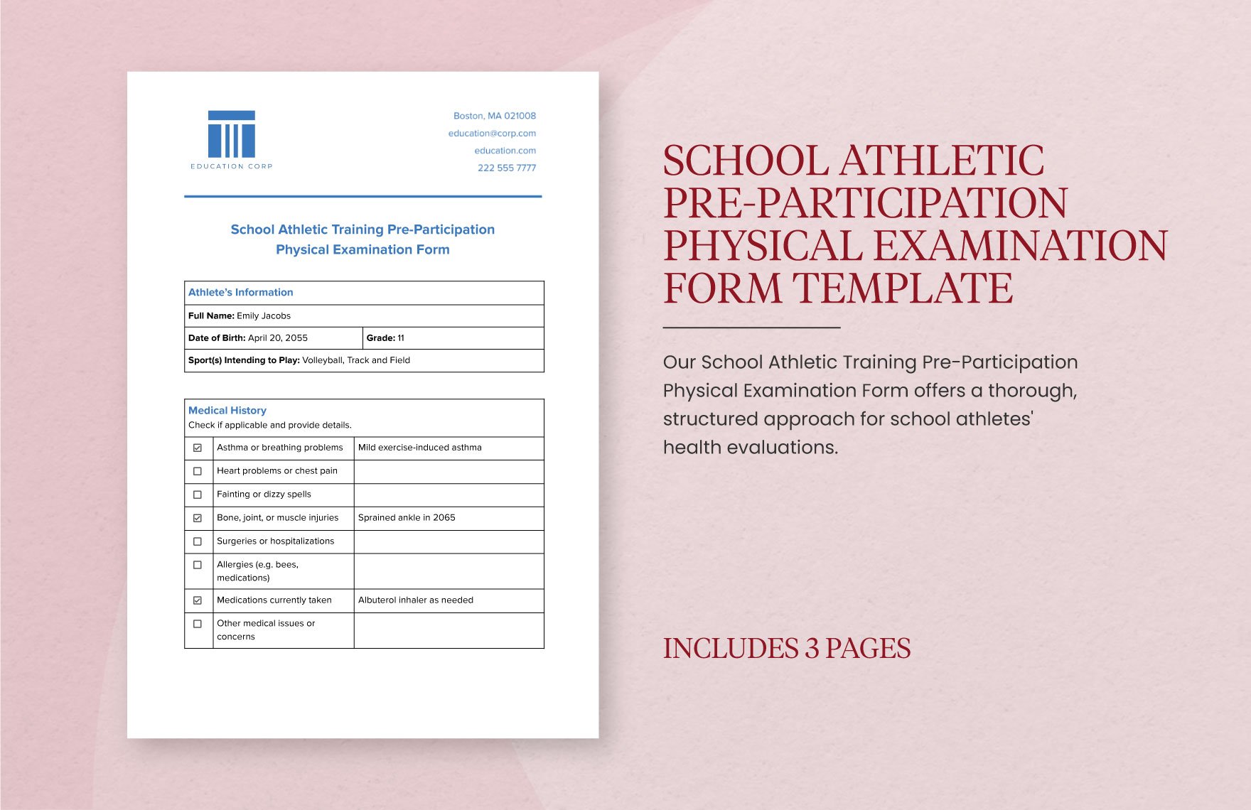 School Athletic Training Pre-Participation Physical Examination Form Template
