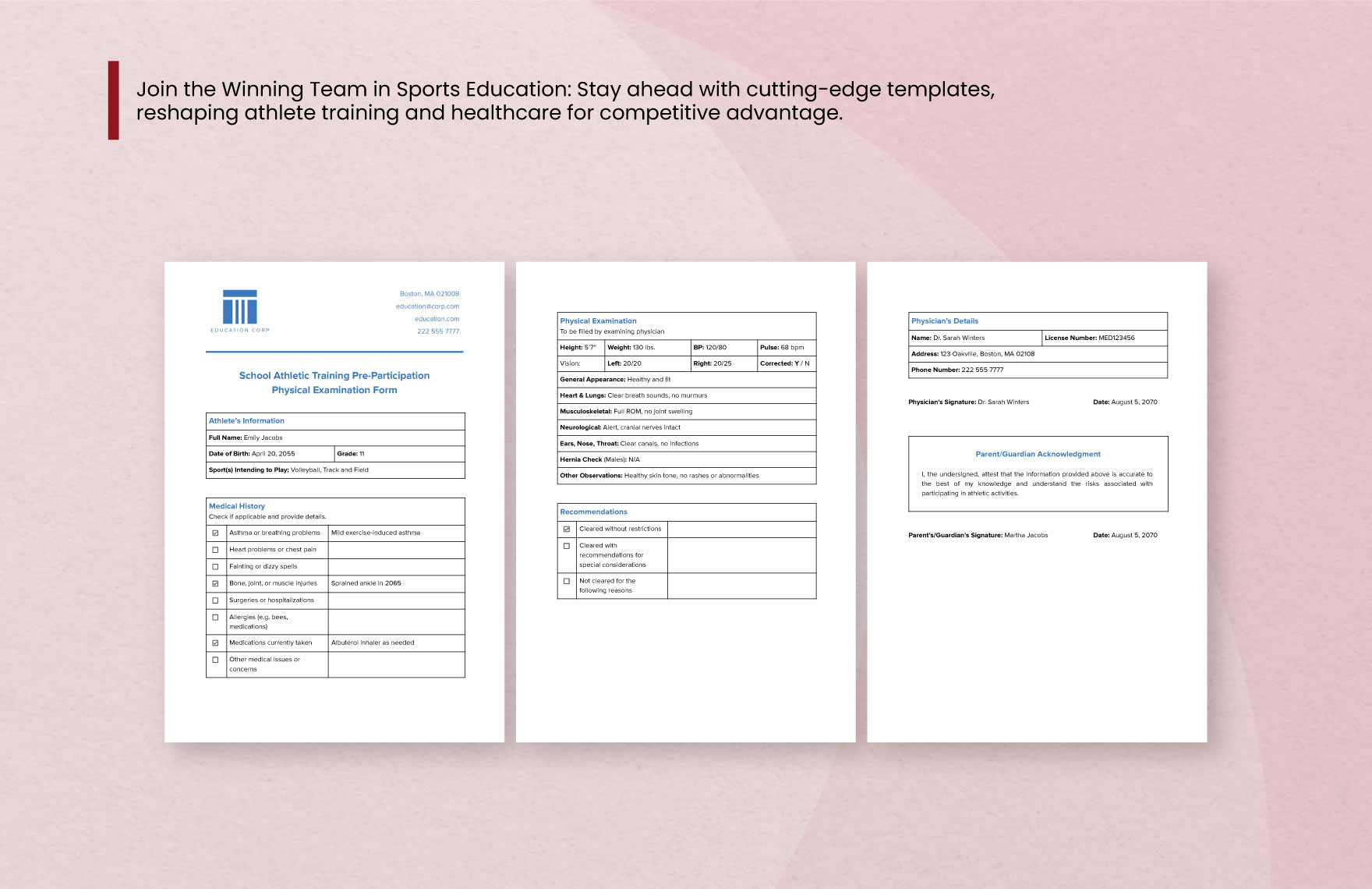 School Athletic Training Pre-Participation Physical Examination Form Template