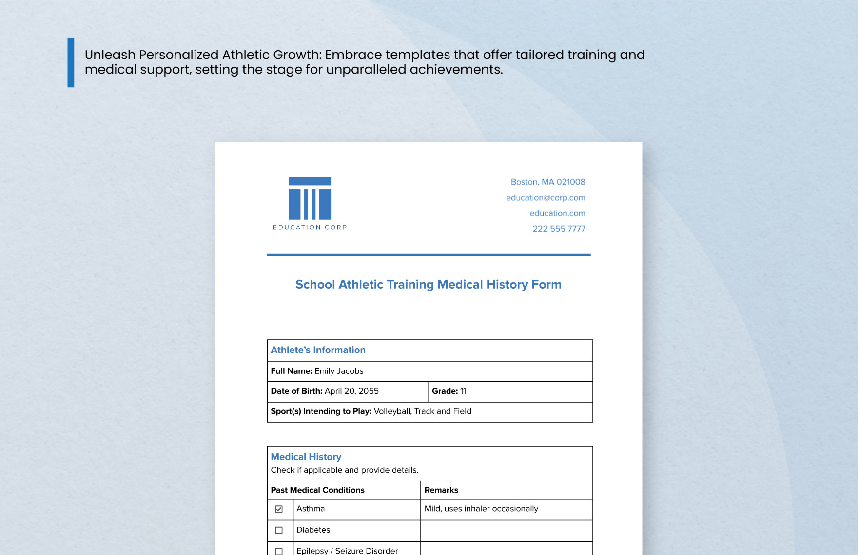 School Athletic Training Medical History Form Template