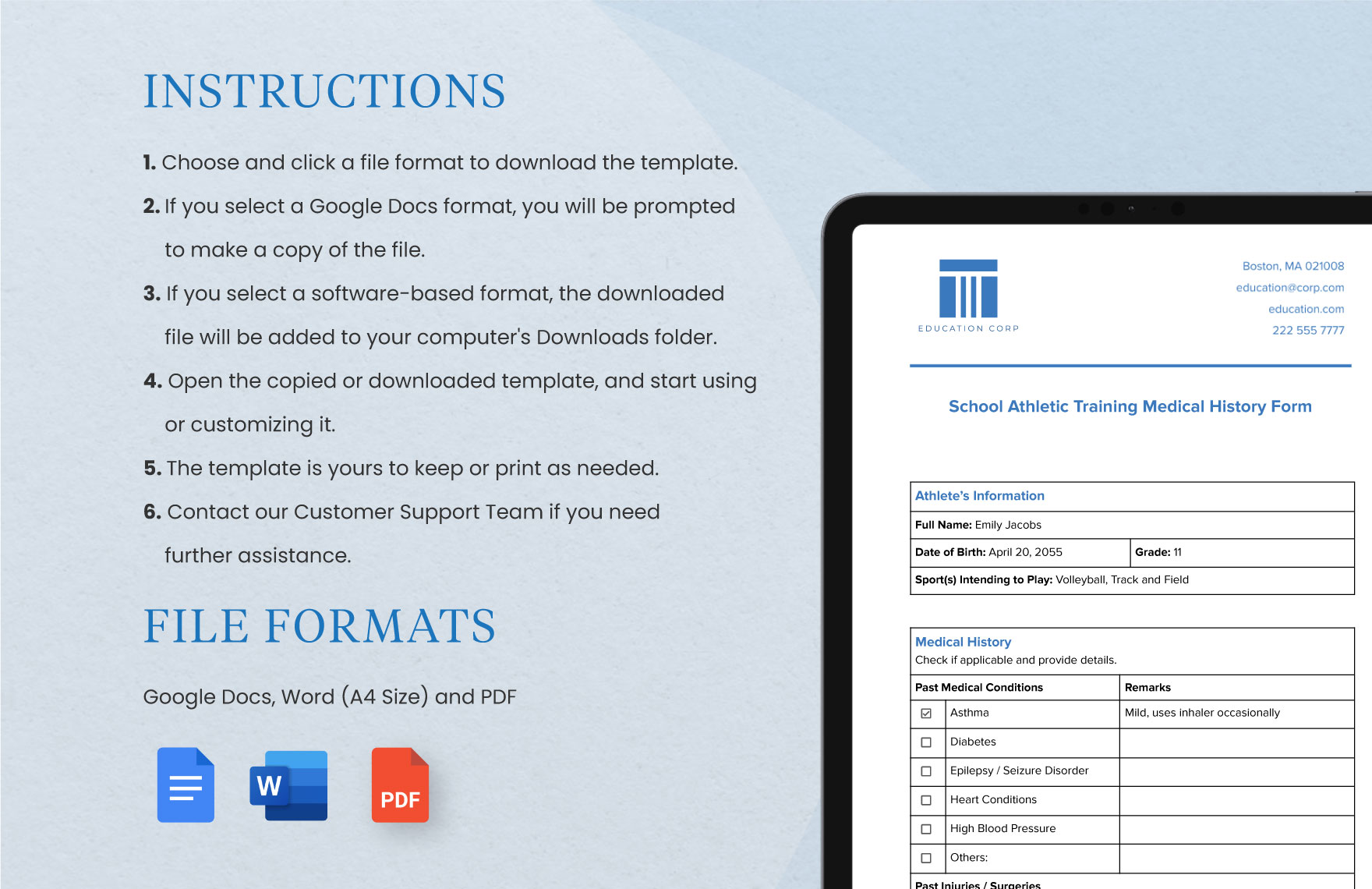 School Athletic Training Medical History Form Template