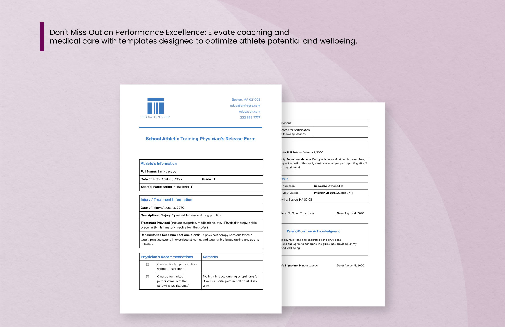 School Athletic Training Physician's Release Form Template