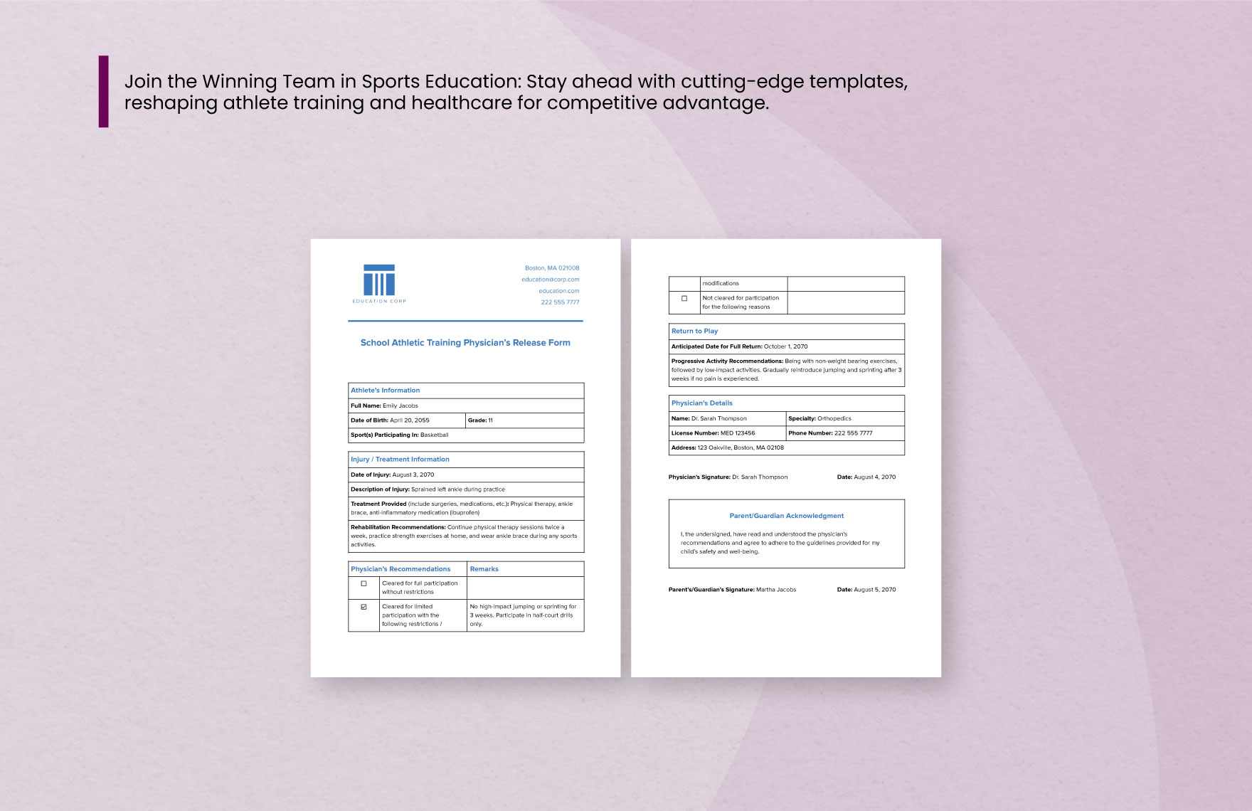 School Athletic Training Physician's Release Form Template