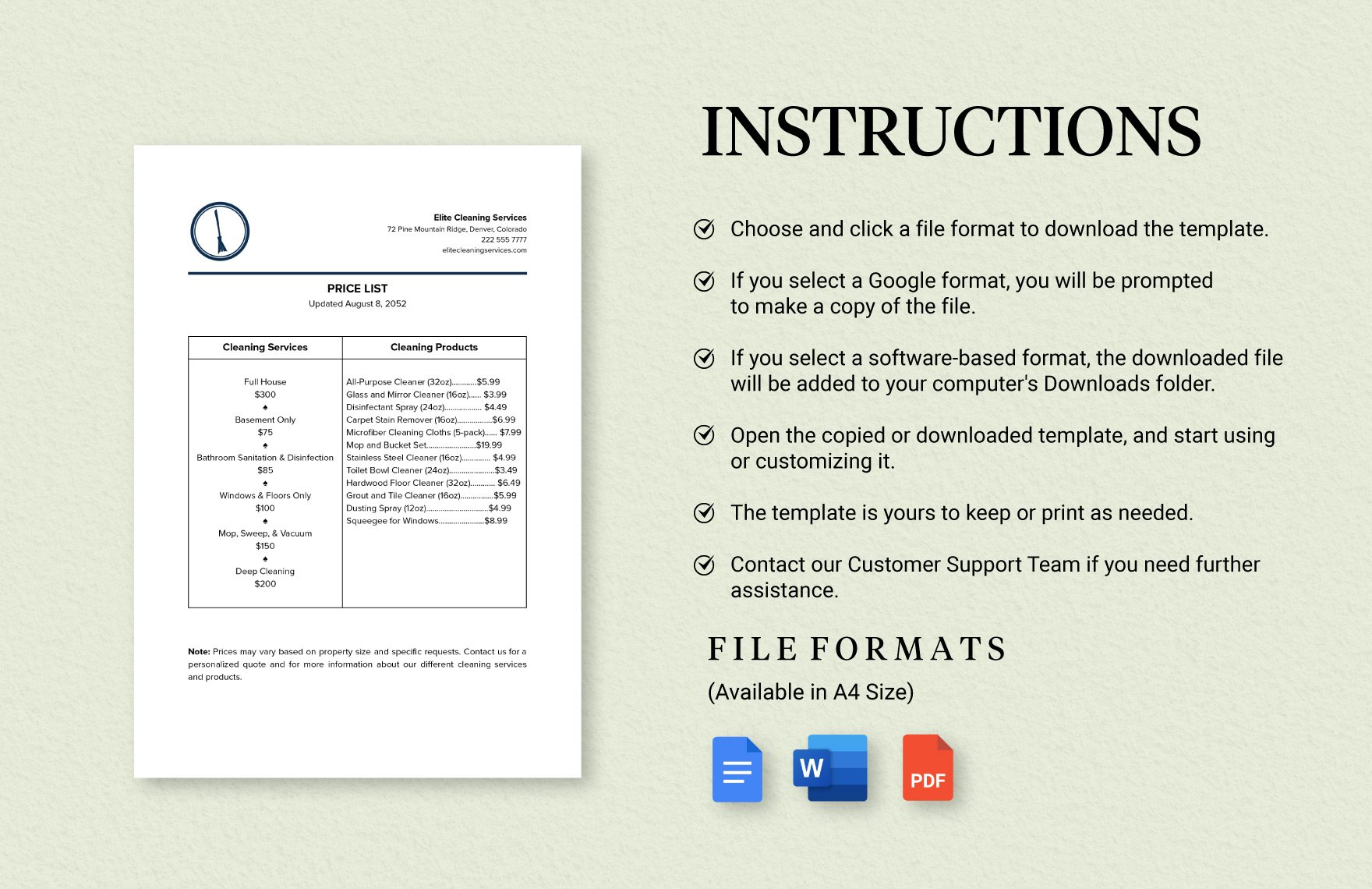 Formal Cleaning Price List Template