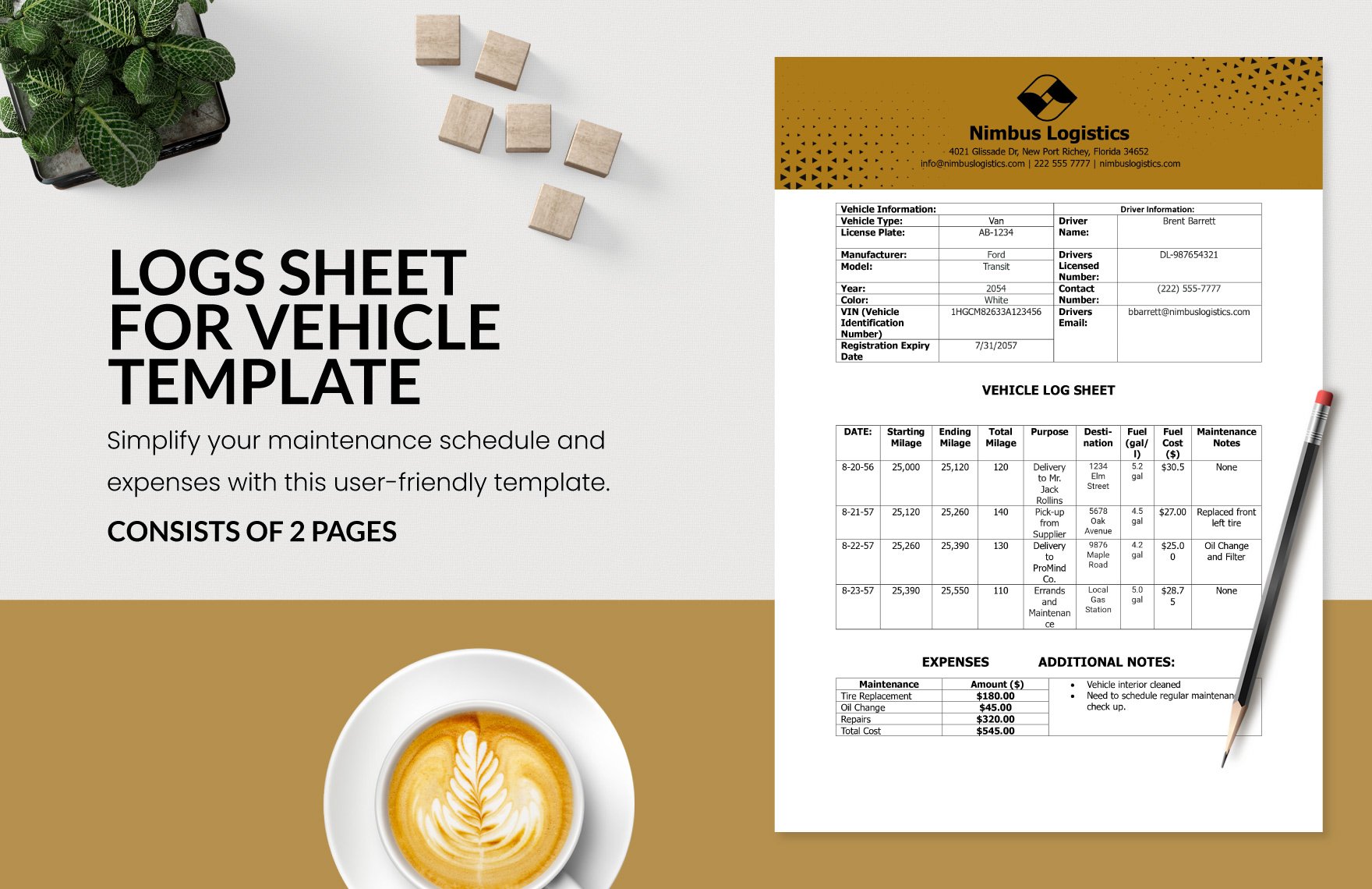 Log Sheet for Vehicle Template