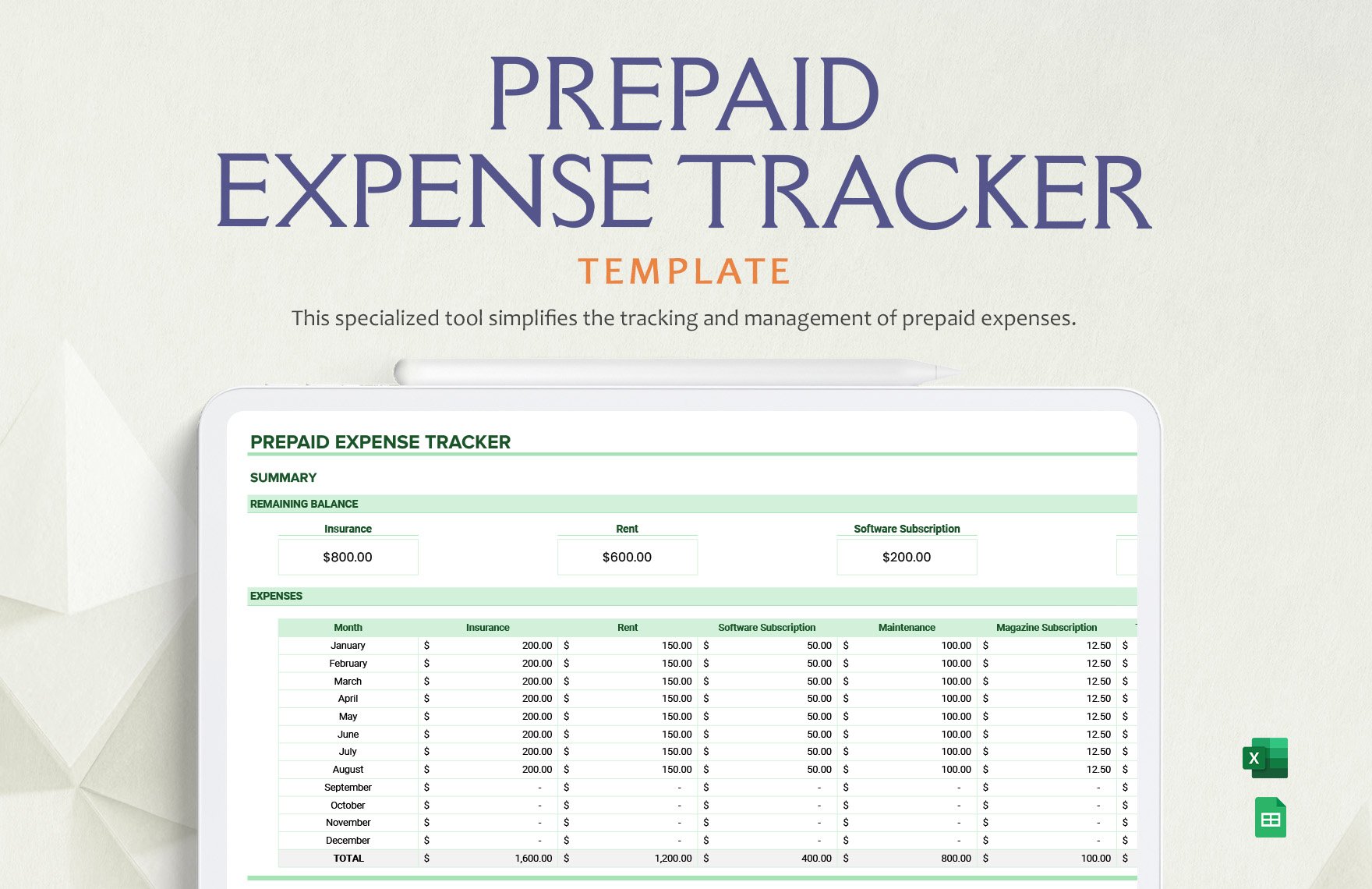 Prepaid Expense Tracker Template in Excel, Google Sheets