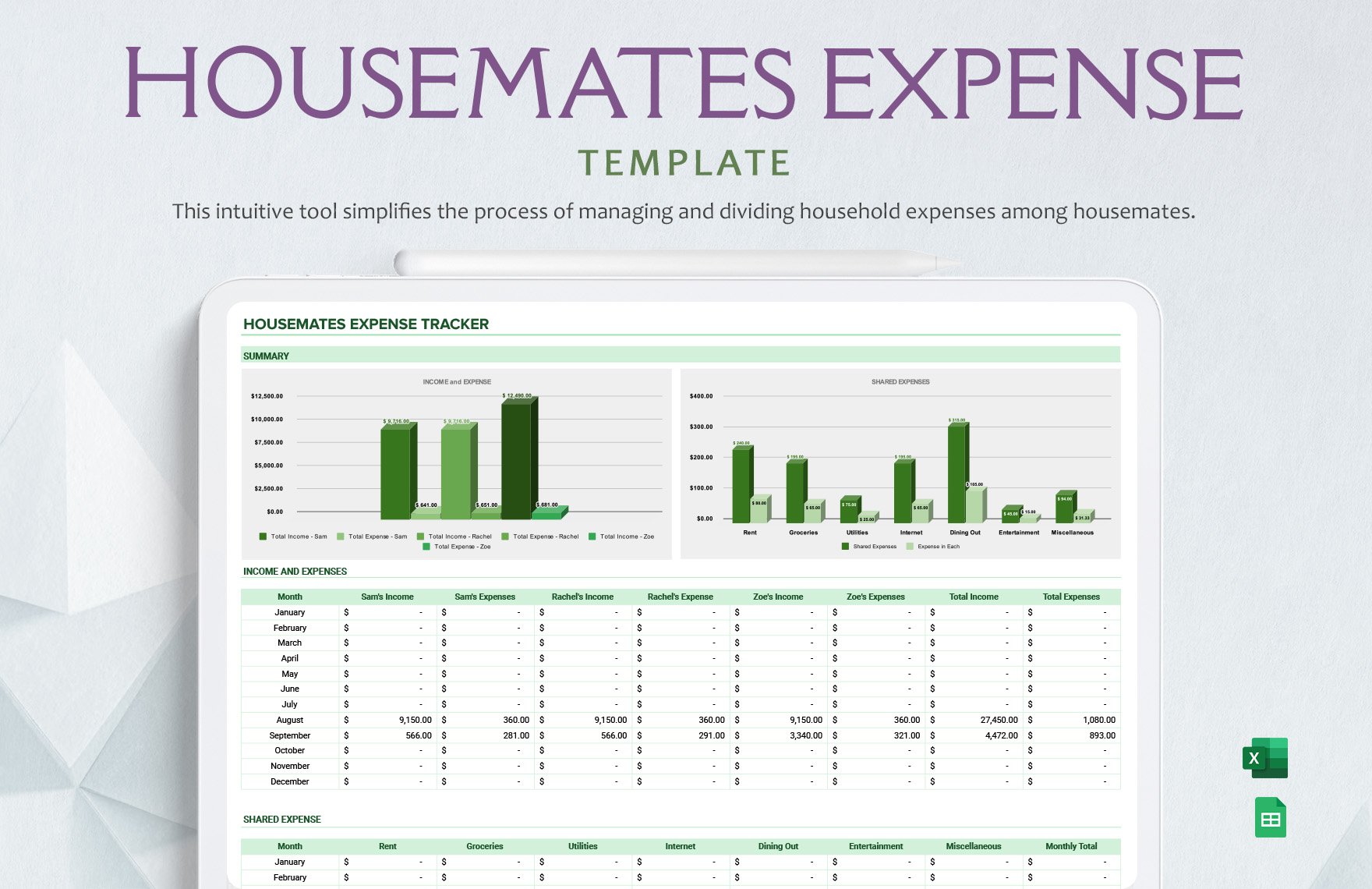 Housemates Expense tracker template in Excel, Google Sheets