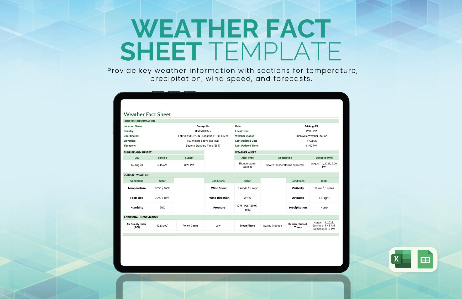 Weather Fact Sheet Template in Excel, Google Sheets