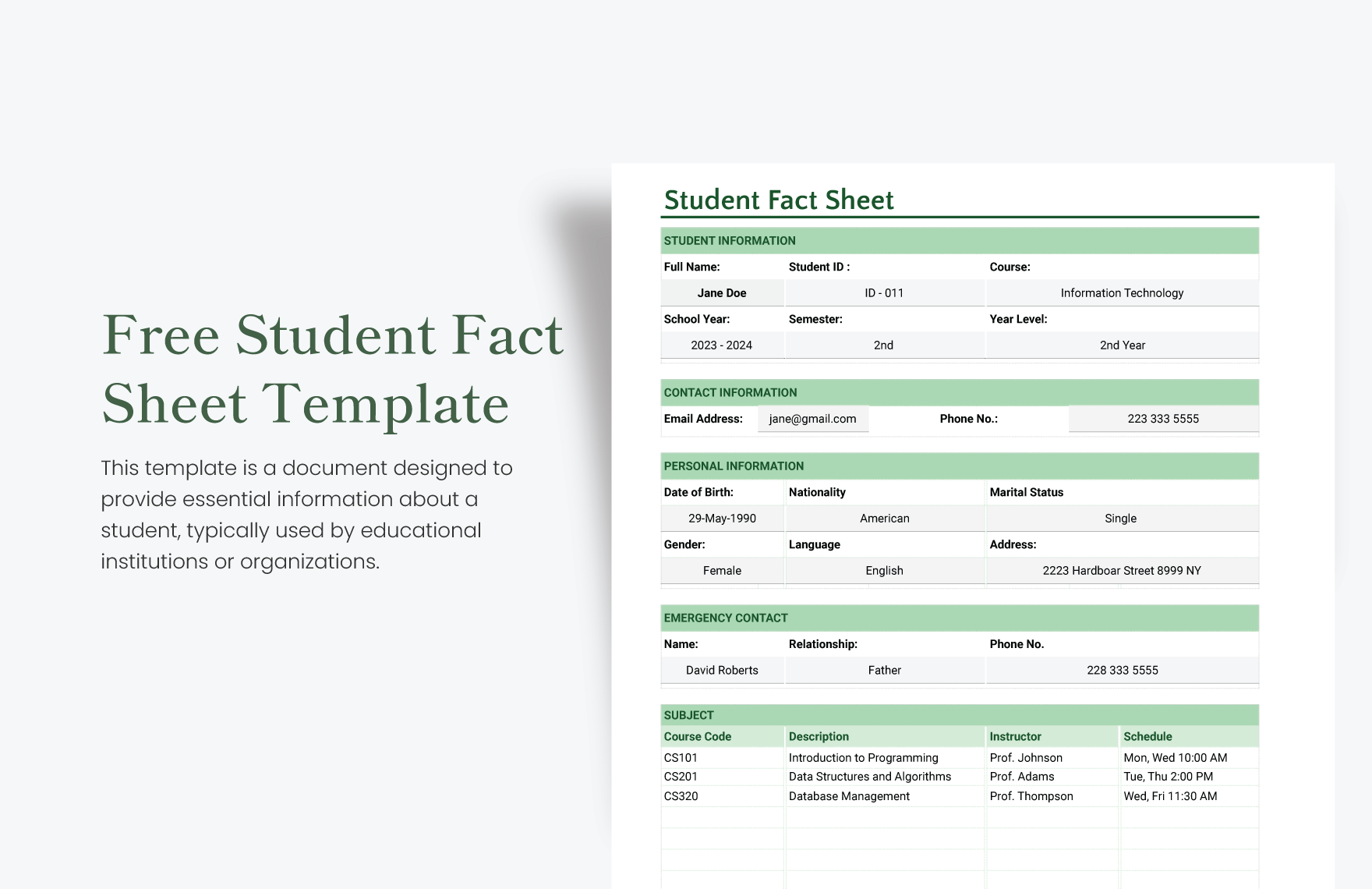 Student Fact Sheet Template