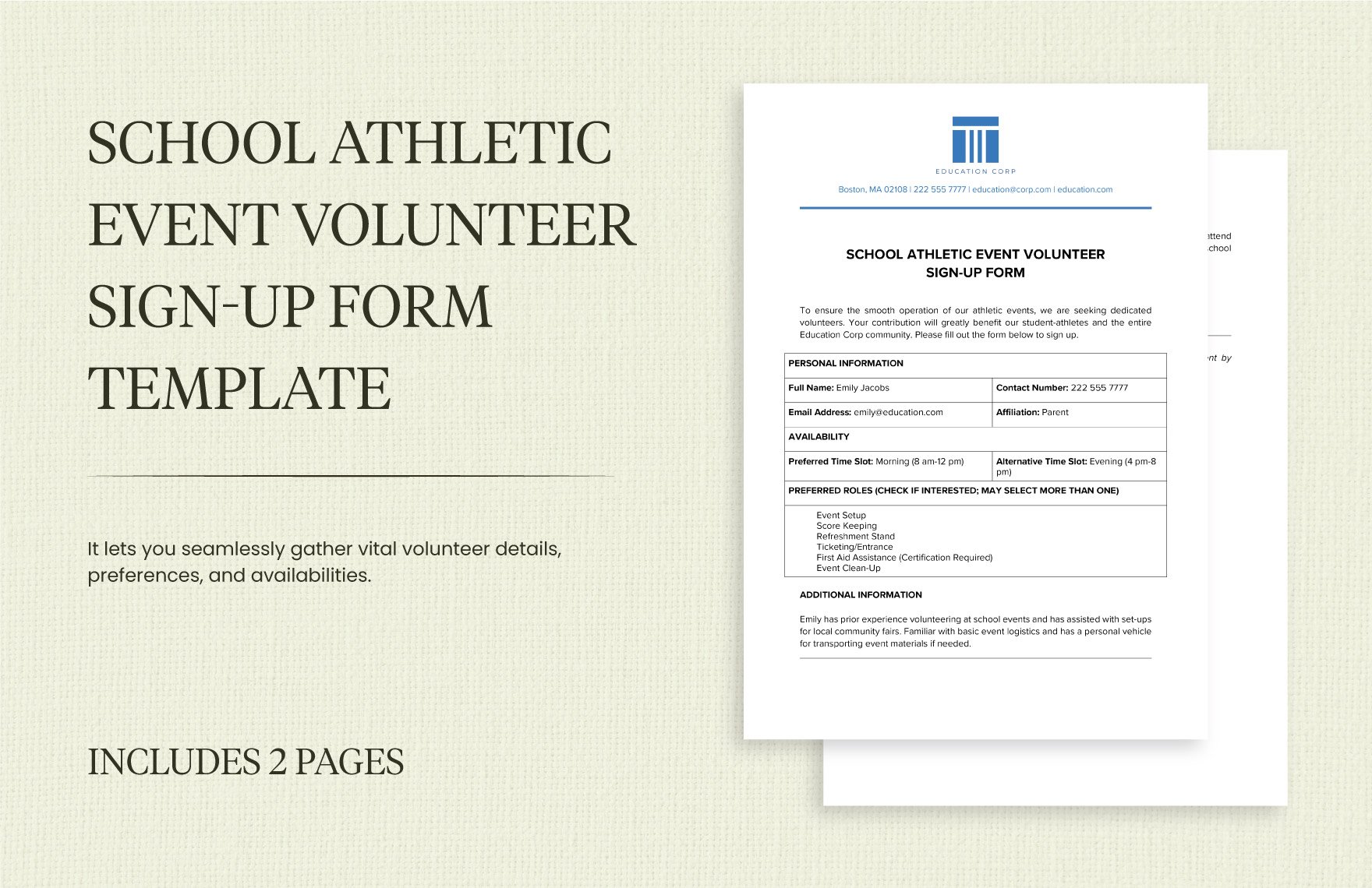 School Athletic Event Volunteer Sign-Up Form Template