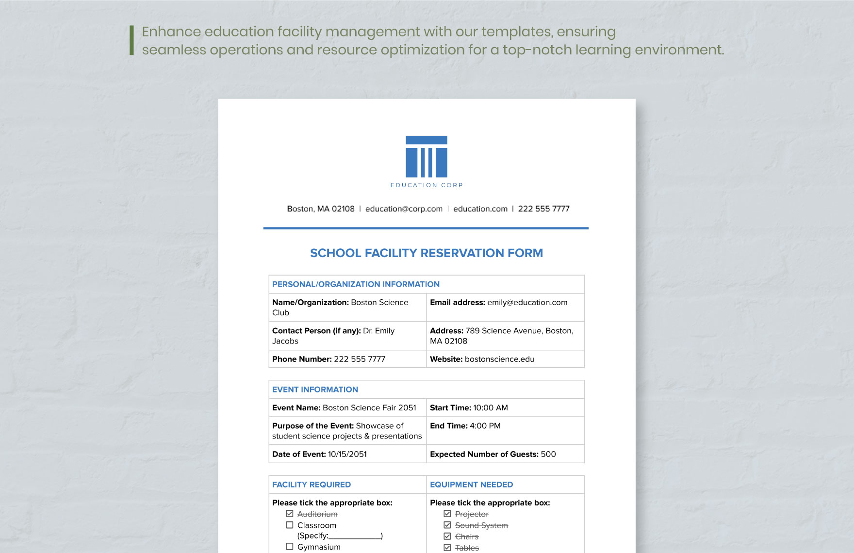School Facility Reservation Form Template