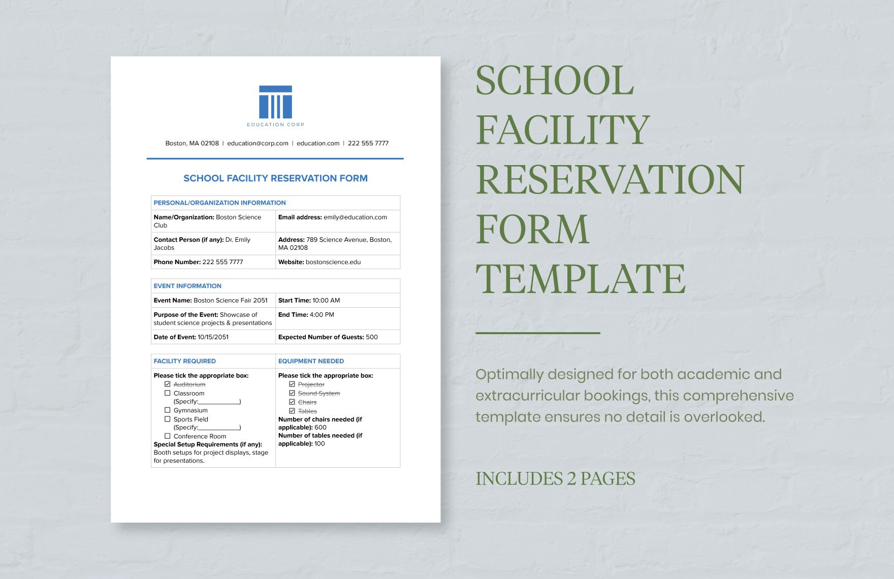 School Facility Reservation Form Template