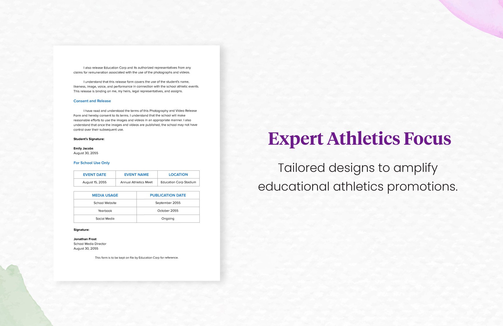 School Athletics Photography and Video Release Form Template